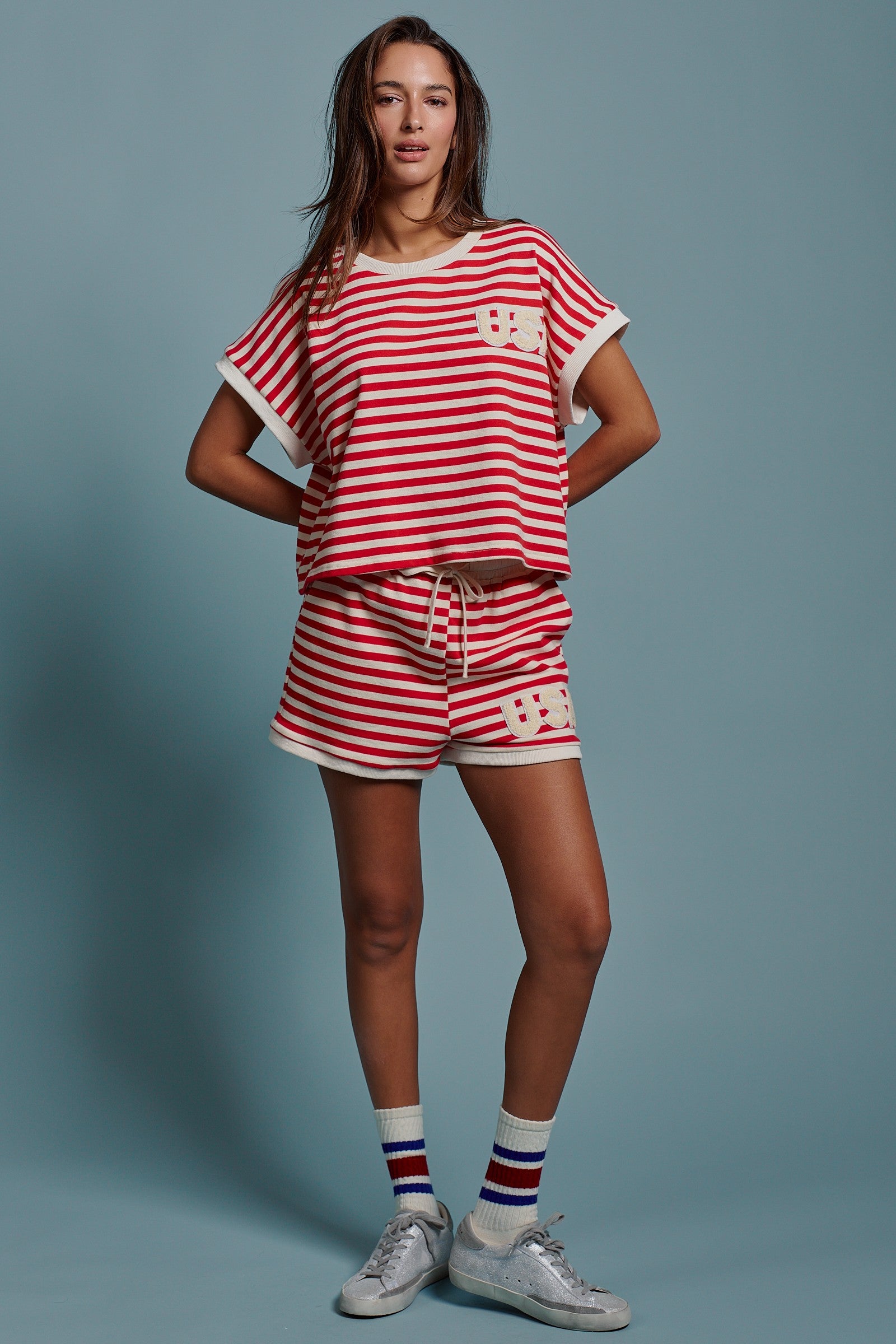 USA Striped French Terry Knit Tee Set in Red Stripe - Women's Tops | Urban Daizy