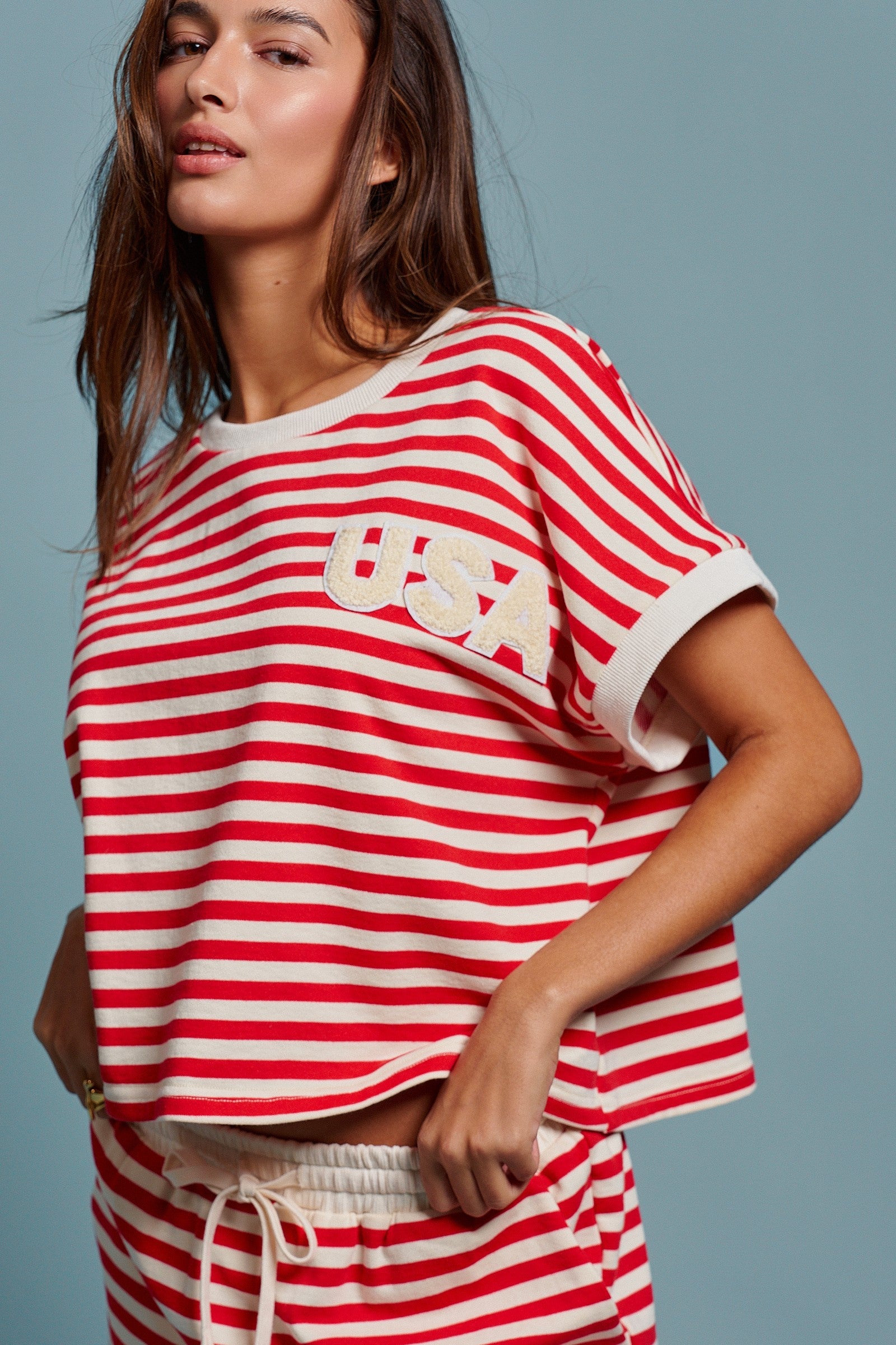USA Striped French Terry Knit Tee Set in Red Stripe - Women's Tops | Urban Daizy