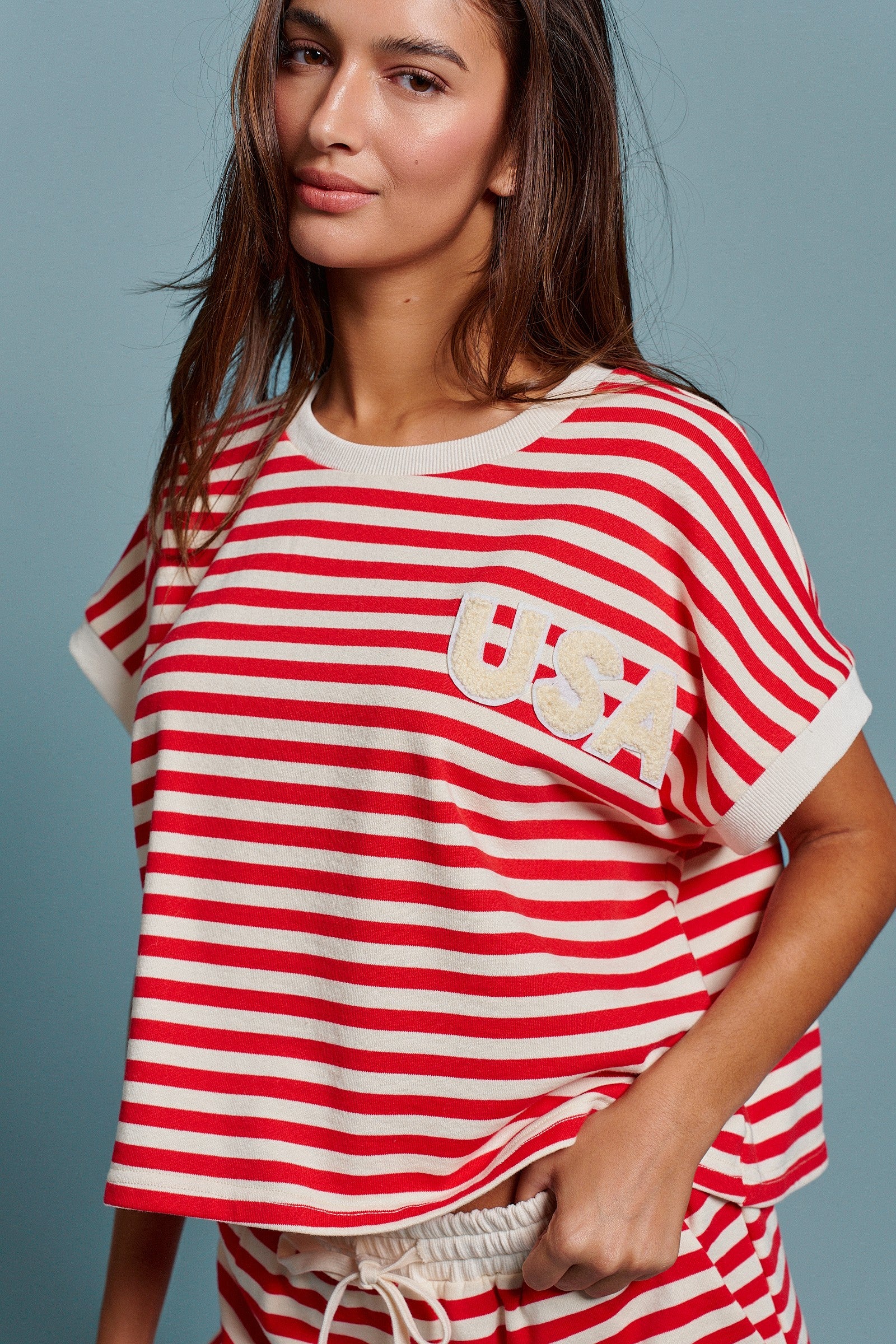 USA Striped French Terry Knit Tee Set in Red Stripe - Women's Tops | Urban Daizy