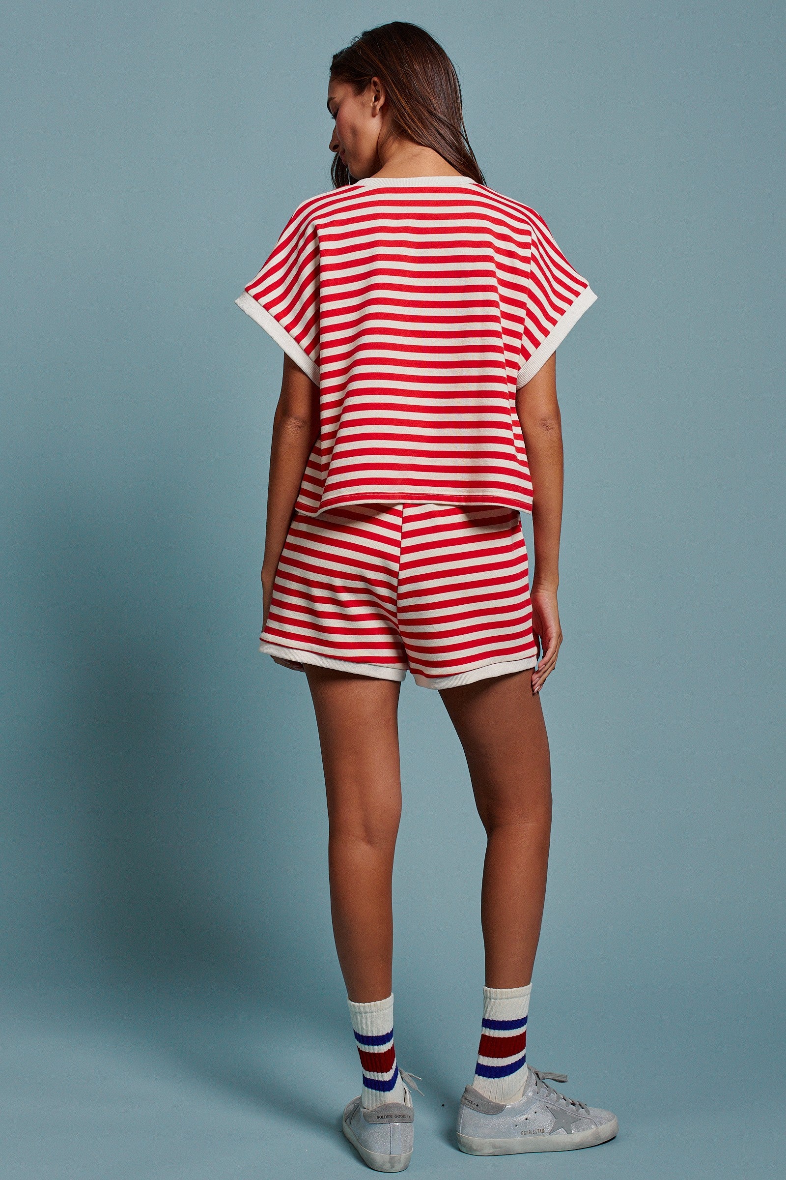 USA Striped French Terry Knit Tee Set in Red Stripe - Women's Tops | Urban Daizy