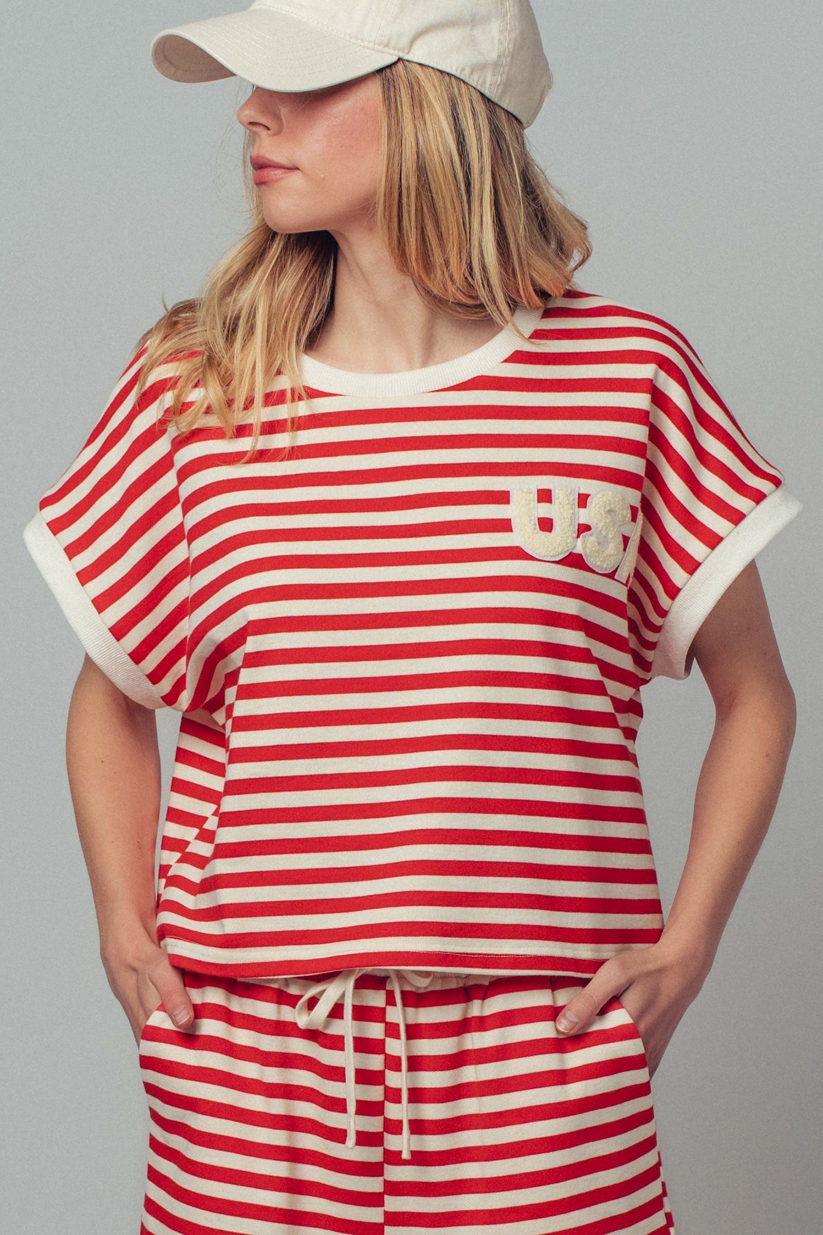 USA Striped French Terry Knit Tee Set in Red Stripe - Women's Tops | Urban Daizy