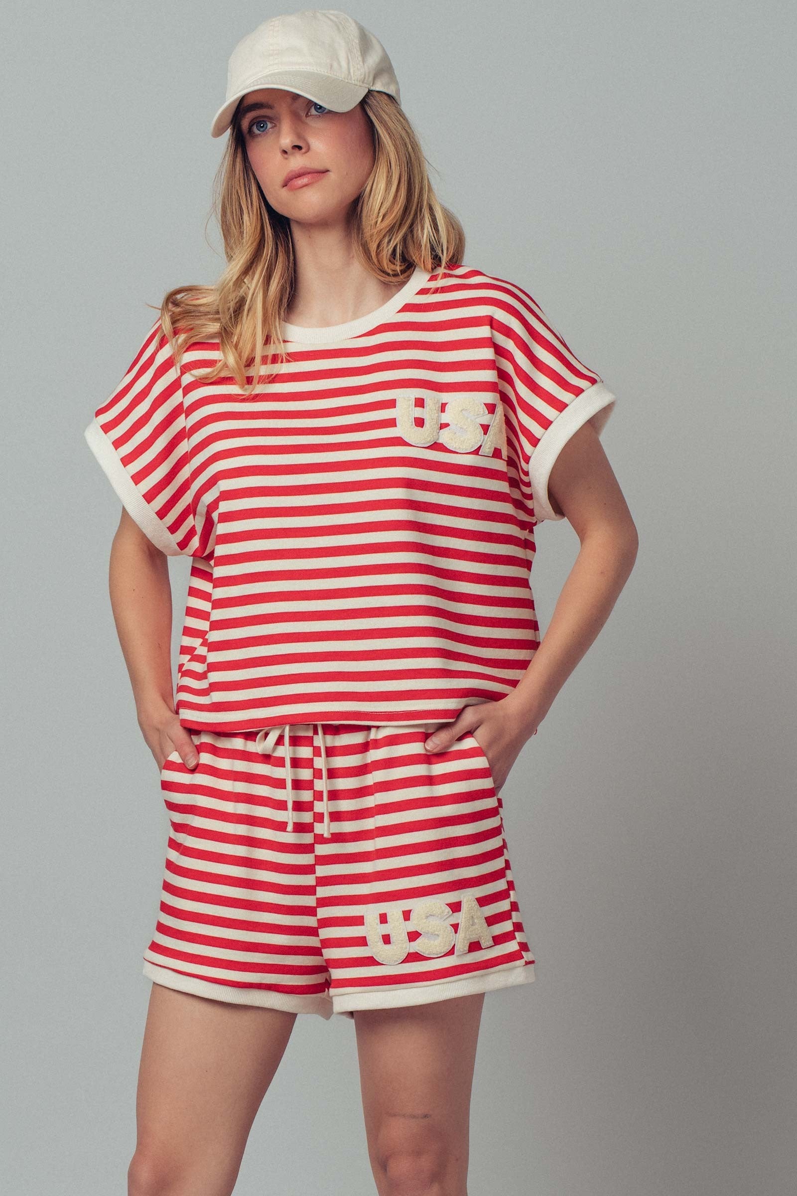 USA Striped French Terry Knit Tee Set in Red Stripe - Women's Tops | Urban Daizy