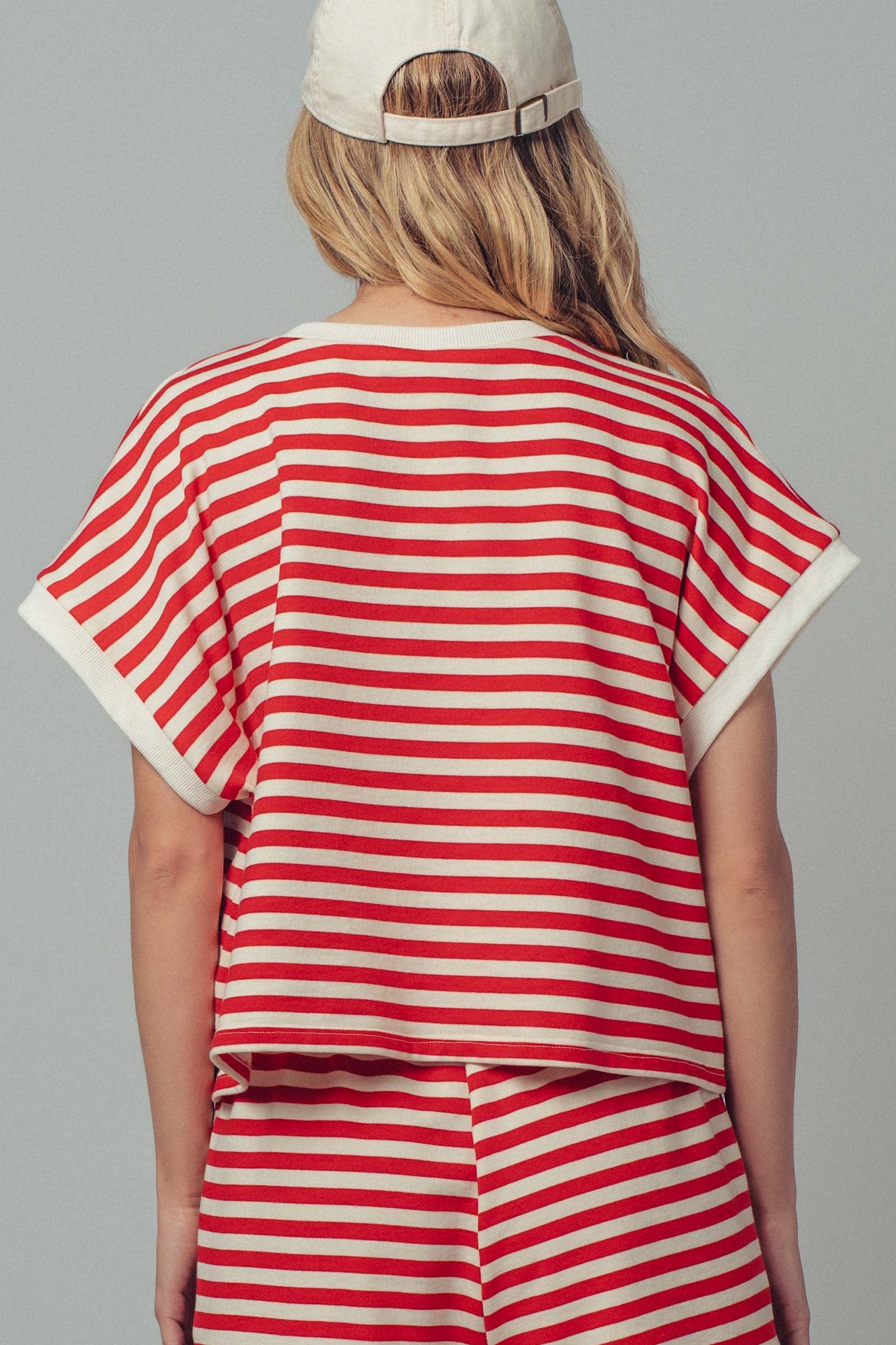 USA Striped French Terry Knit Tee Set in Red Stripe - Women's Tops | Urban Daizy