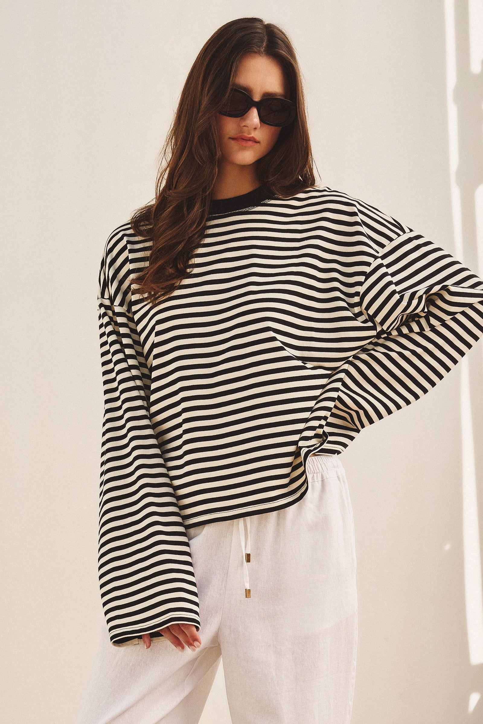 Oversized Striped Long Sleeve Top With Drop Shoulders in Ivory Navy - Women's Tops | Urban Daizy