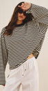 Oversized Striped Long Sleeve Top With Drop Shoulders in Ivory Navy - Women's Tops | Urban Daizy