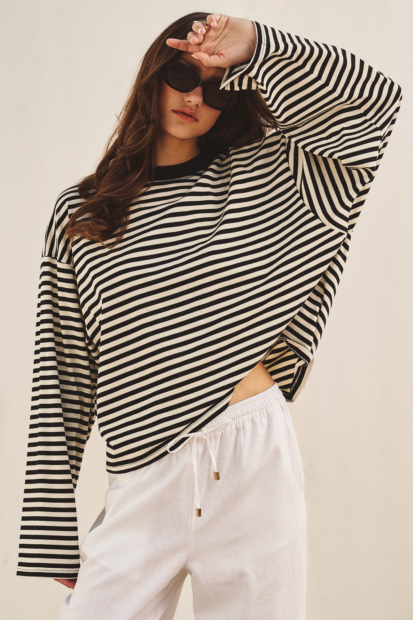 Oversized Striped Long Sleeve Top With Drop Shoulders in Ivory Navy - Women's Tops | Urban Daizy