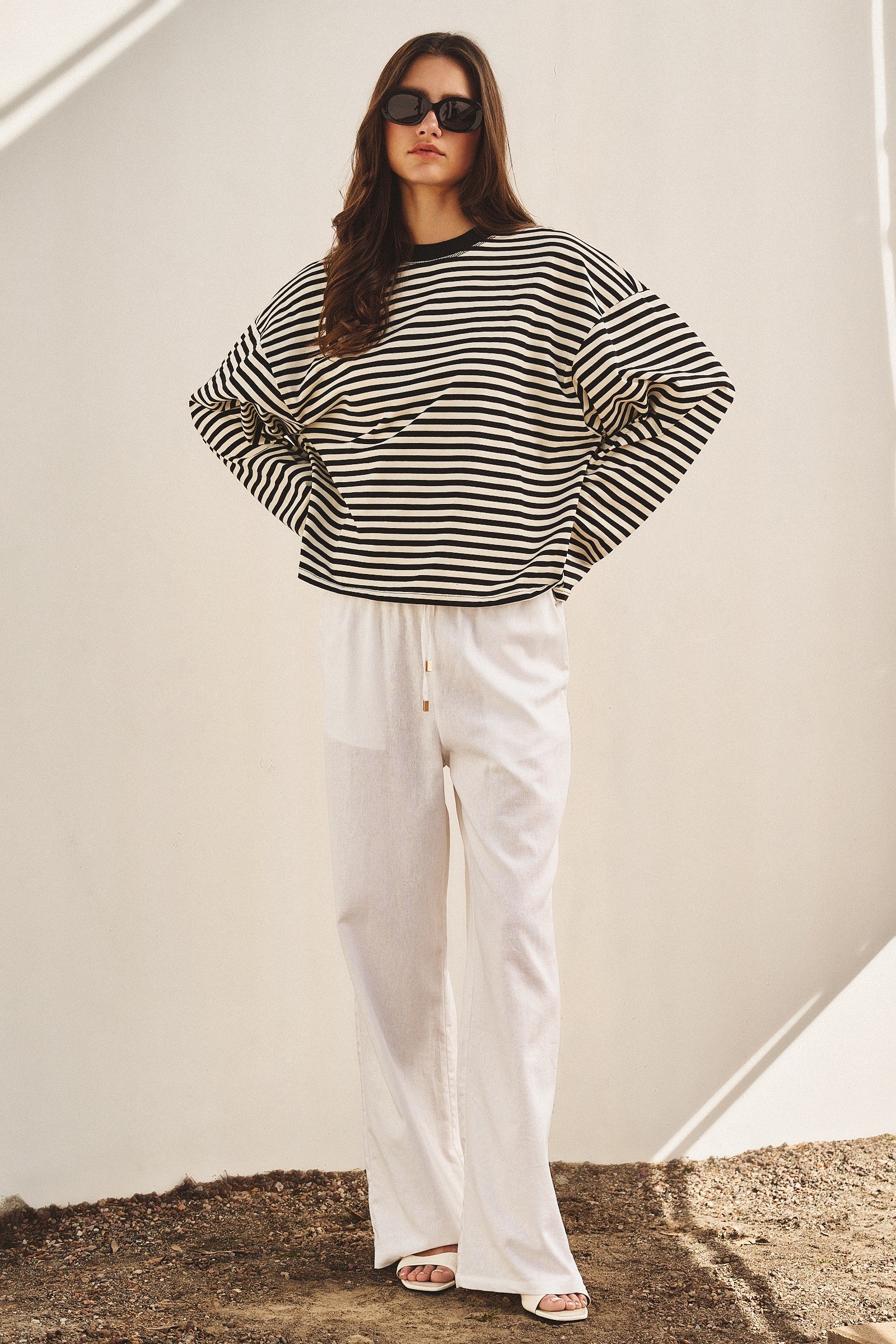 Oversized Striped Long Sleeve Top With Drop Shoulders in Ivory Navy - Women's Tops | Urban Daizy