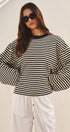 Oversized Striped Long Sleeve Top With Drop Shoulders in Ivory Navy - Women's Tops | Urban Daizy