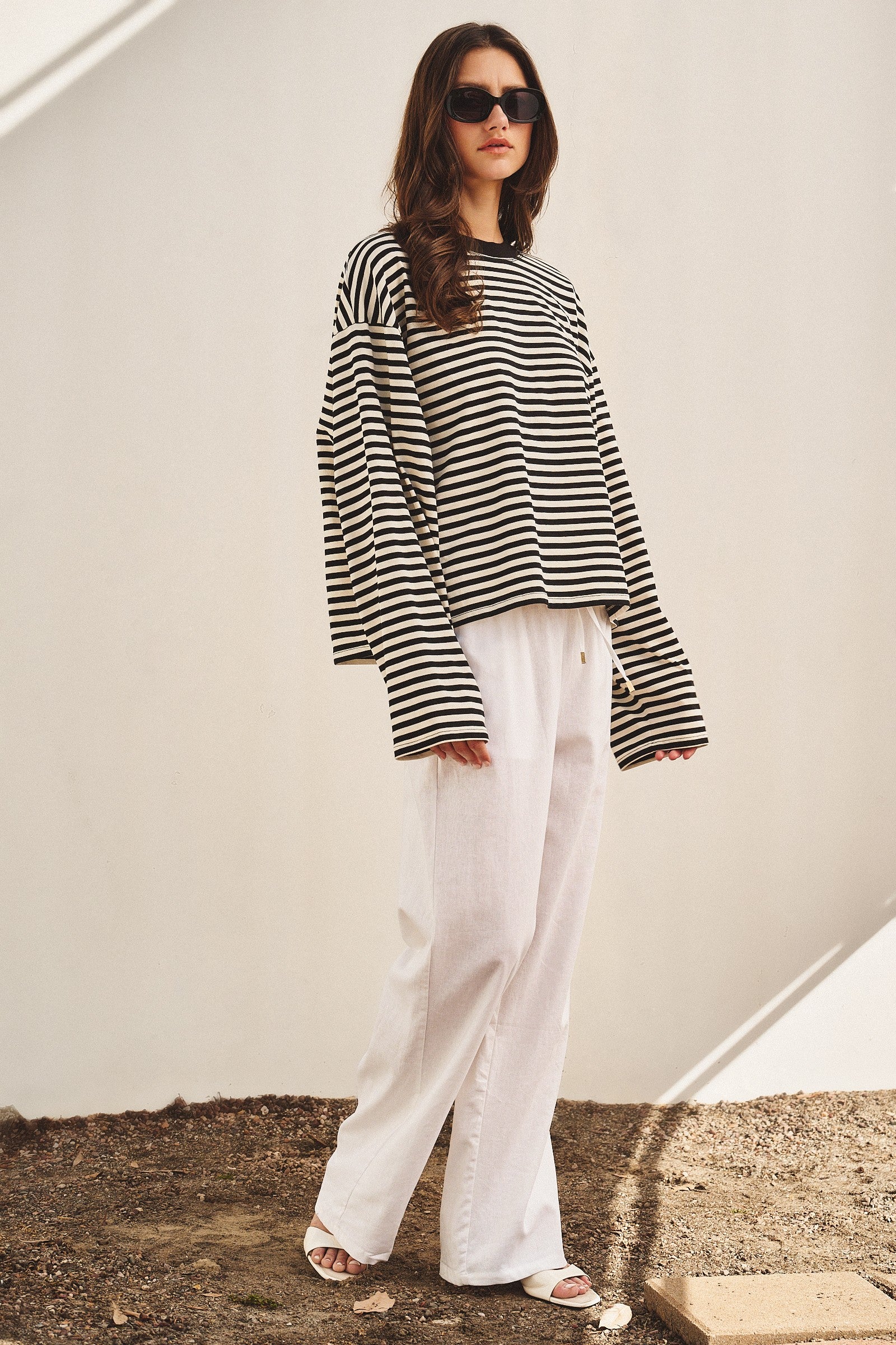 Oversized Striped Long Sleeve Top With Drop Shoulders in Ivory Navy - Women's Tops | Urban Daizy
