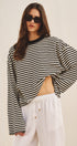 Oversized Striped Long Sleeve Top With Drop Shoulders in Ivory Navy - Women's Tops | Urban Daizy