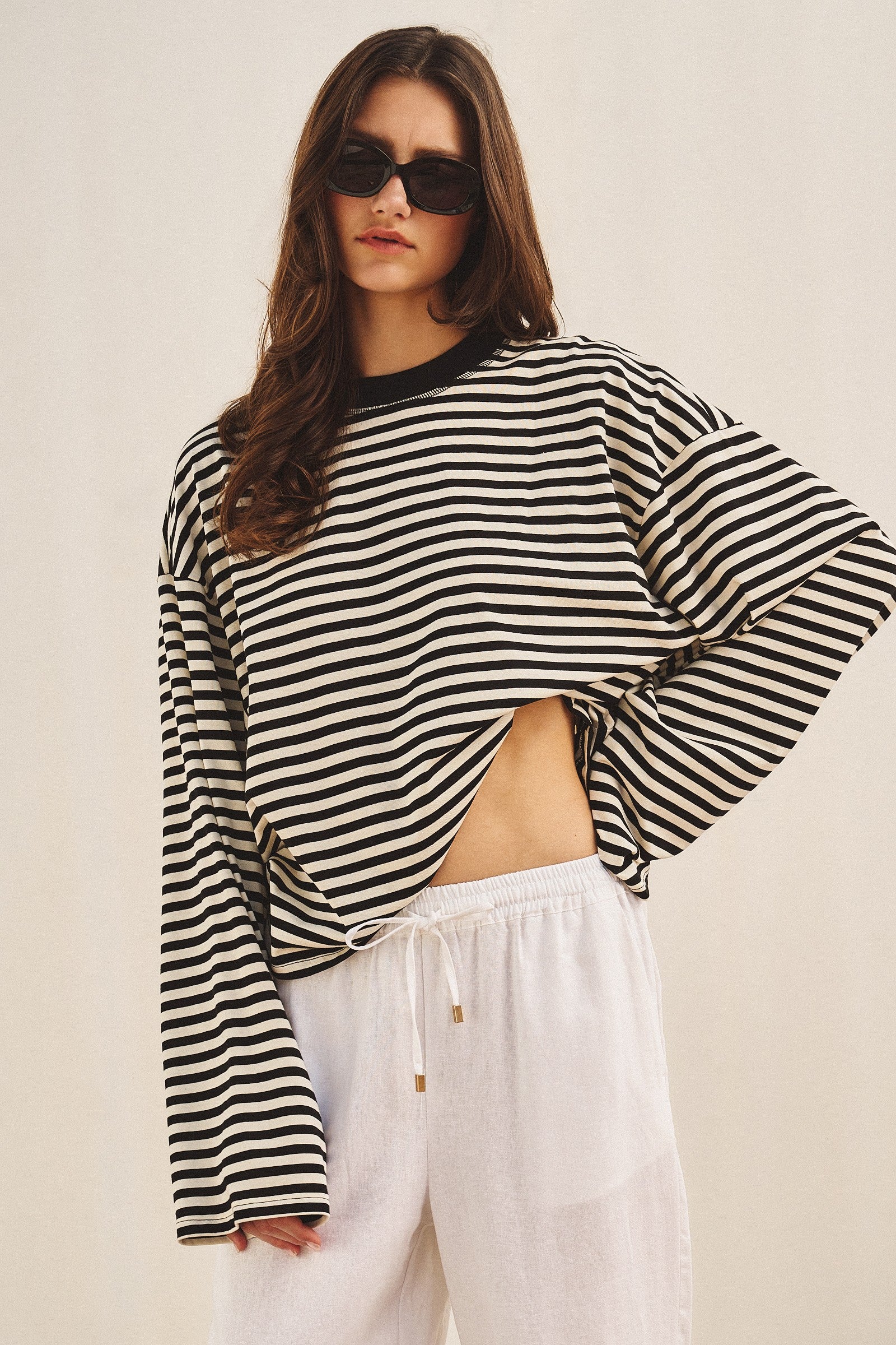 Oversized Striped Long Sleeve Top With Drop Shoulders in Ivory Navy - Women's Tops | Urban Daizy