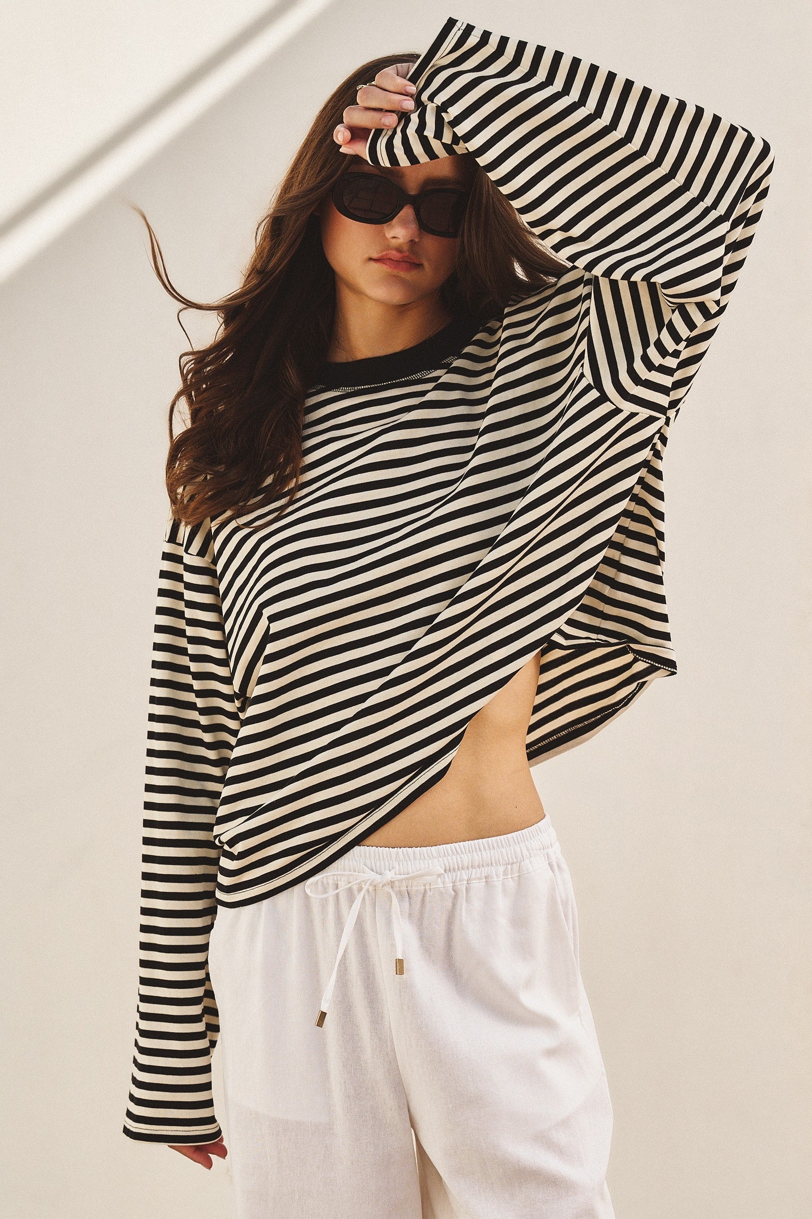 Oversized Striped Long Sleeve Top With Drop Shoulders in Ivory Navy - Women's Tops | Urban Daizy