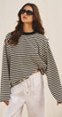 Oversized Striped Long Sleeve Top With Drop Shoulders in Ivory Navy - Women's Tops | Urban Daizy