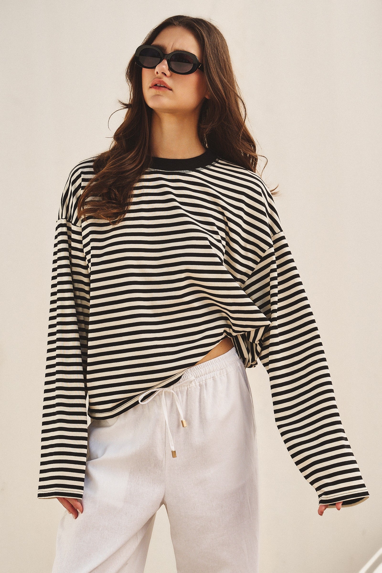 Oversized Striped Long Sleeve Top With Drop Shoulders in Ivory Navy - Women's Tops | Urban Daizy