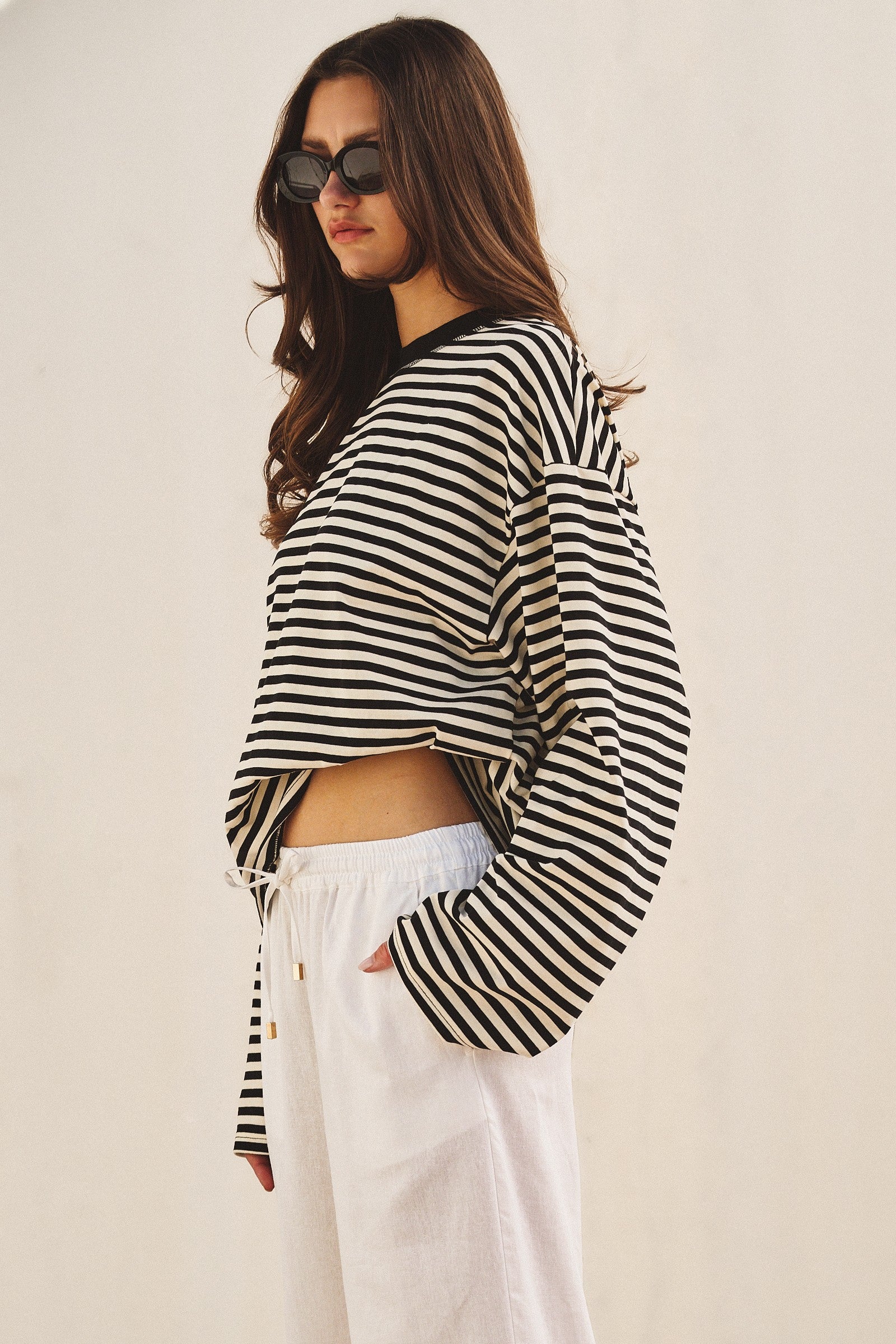 Oversized Striped Long Sleeve Top With Drop Shoulders in Ivory Navy - Women's Tops | Urban Daizy
