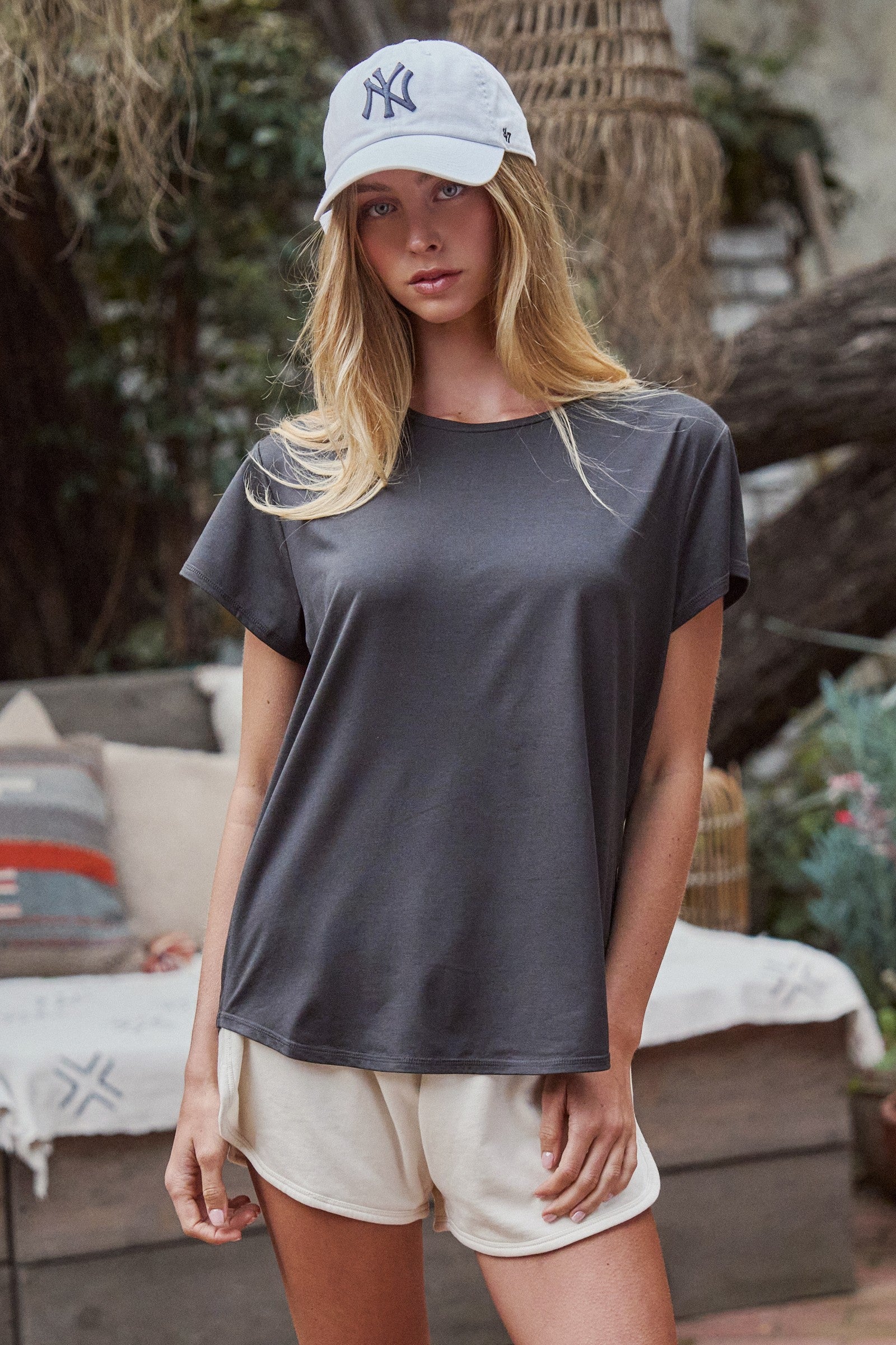 Relaxed Crew Neck Tee Charcoal Short Sleeve Basic in Black - Women's Tops | Urban Daizy