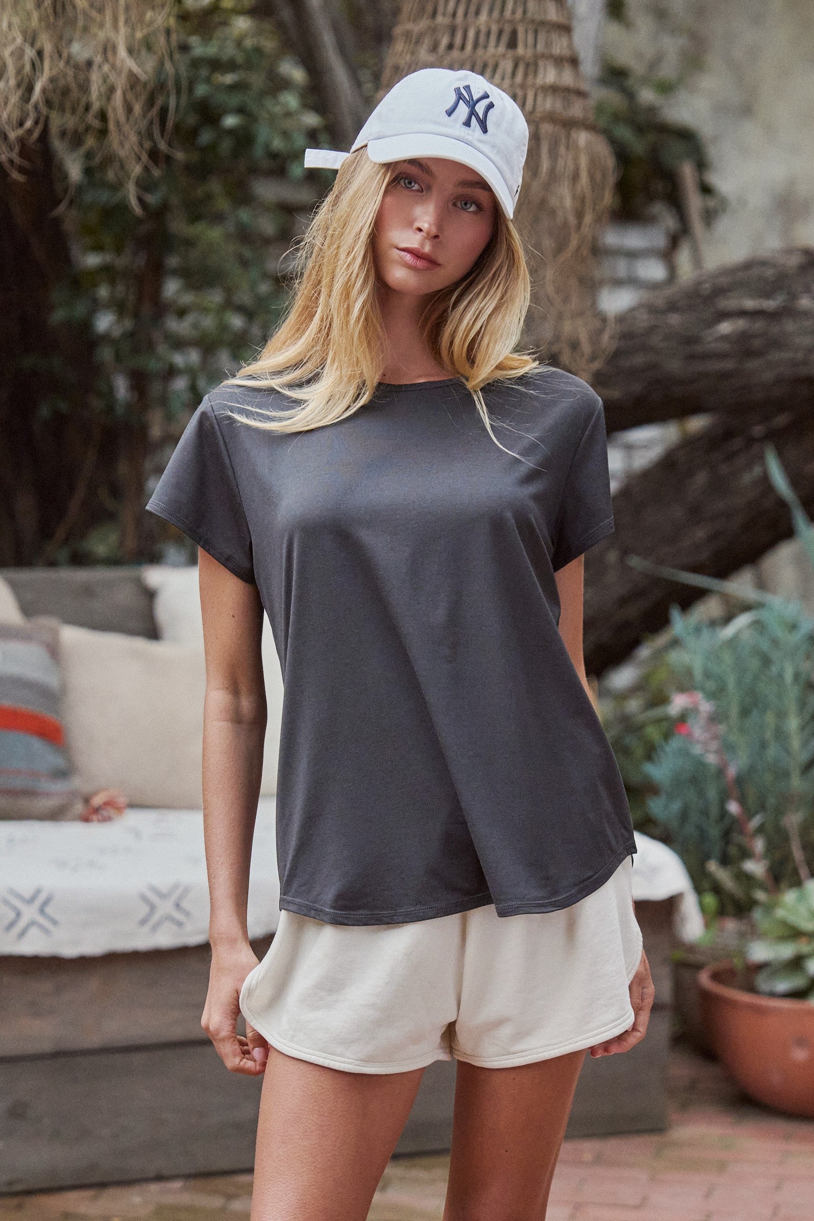 Relaxed Crew Neck Tee Charcoal Short Sleeve Basic in Black - Women's Tops | Urban Daizy