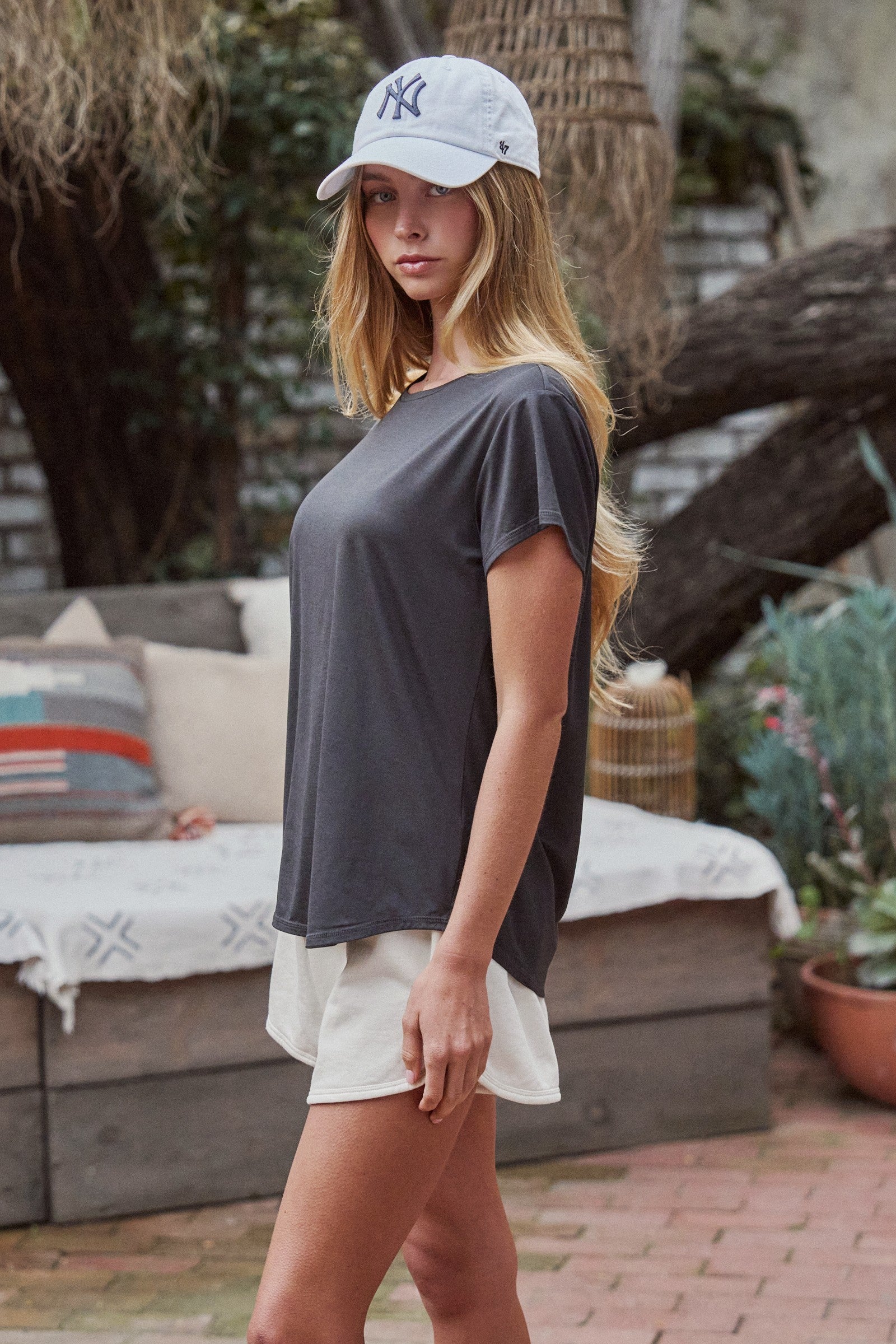Relaxed Crew Neck Tee Charcoal Short Sleeve Basic in Black - Women's Tops | Urban Daizy