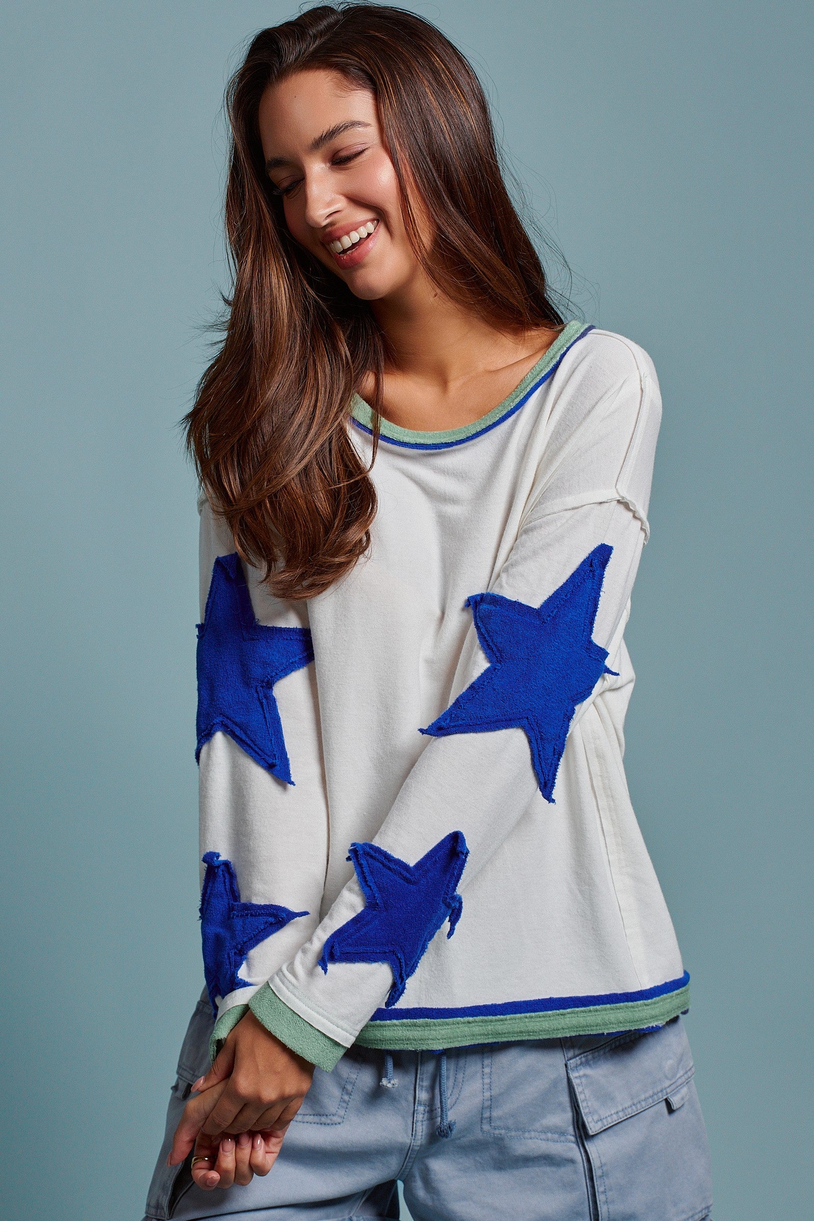 Graphic Patch Contrast Trim Lounge Top in Blue - Women's Tops | Urban Daizy