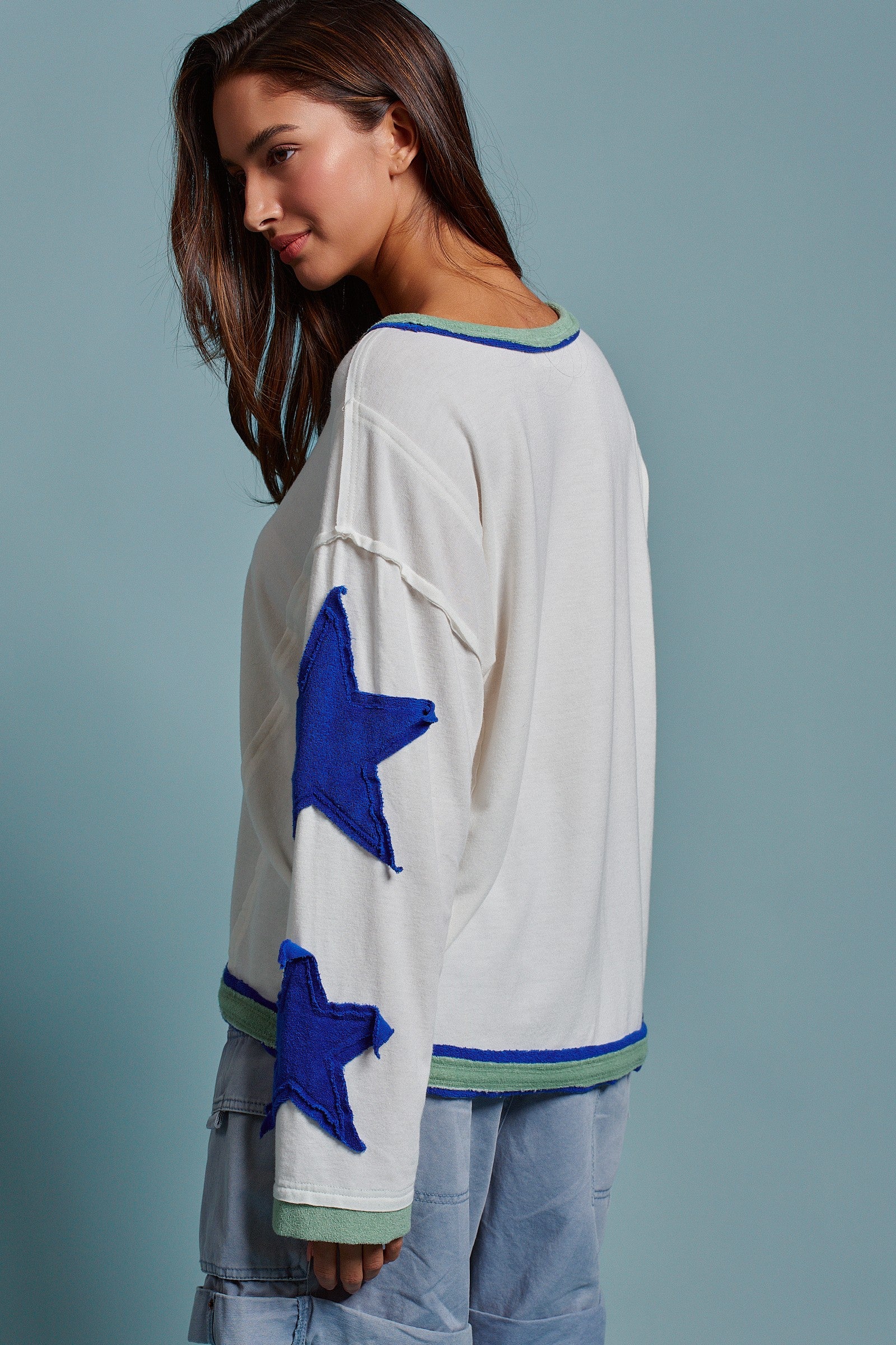 Graphic Patch Contrast Trim Lounge Top in Blue - Women's Tops | Urban Daizy