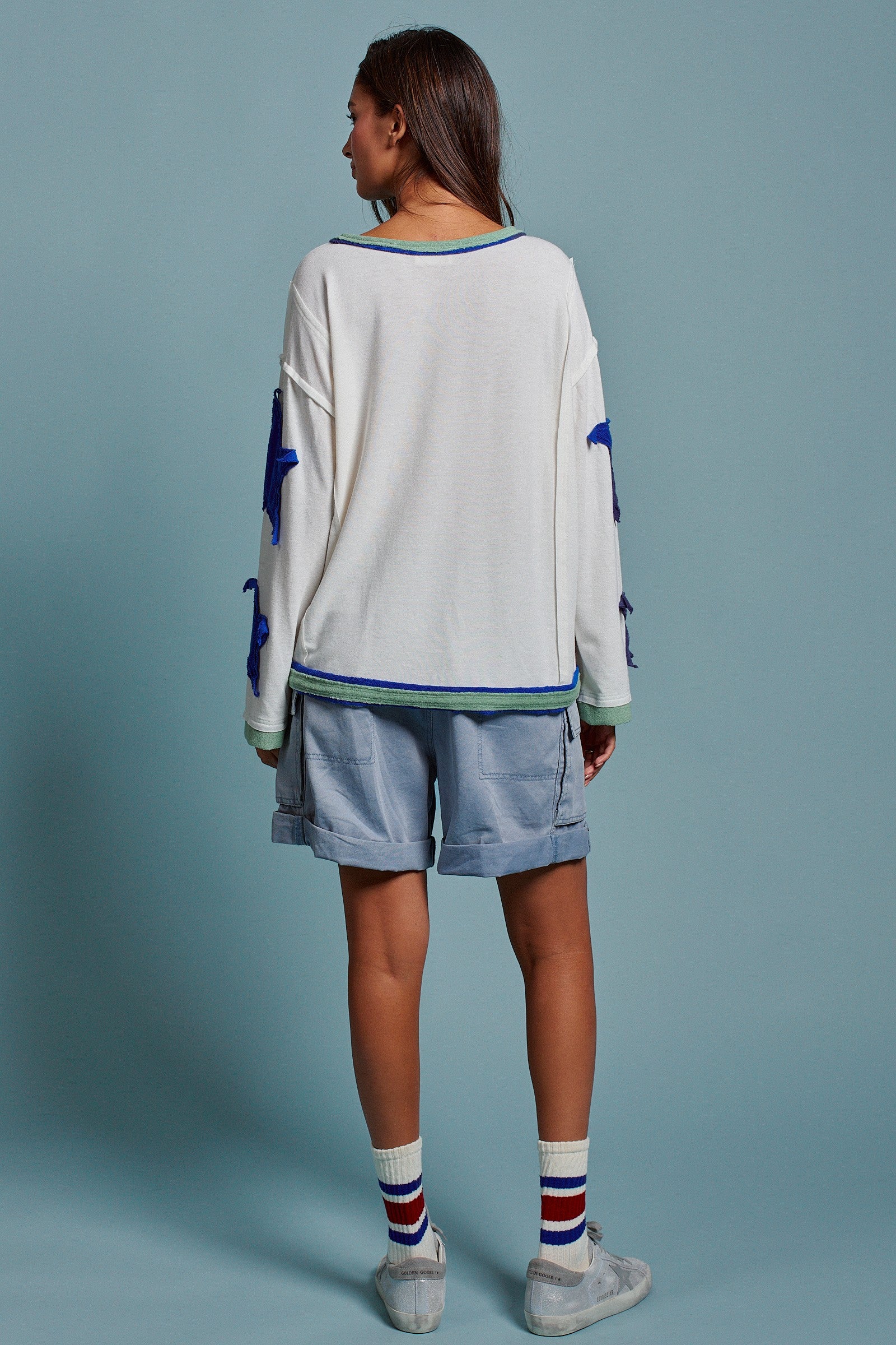 Graphic Patch Contrast Trim Lounge Top in Blue - Women's Tops | Urban Daizy