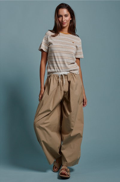 Striped Crew Neck Tee With Dachshund Logo Detail in Taupe - Women's Tops | Urban Daizy