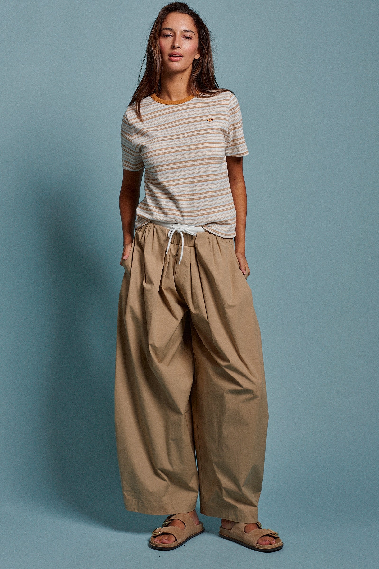 Striped Crew Neck Tee With Dachshund Logo Detail in Taupe - Women's Tops | Urban Daizy