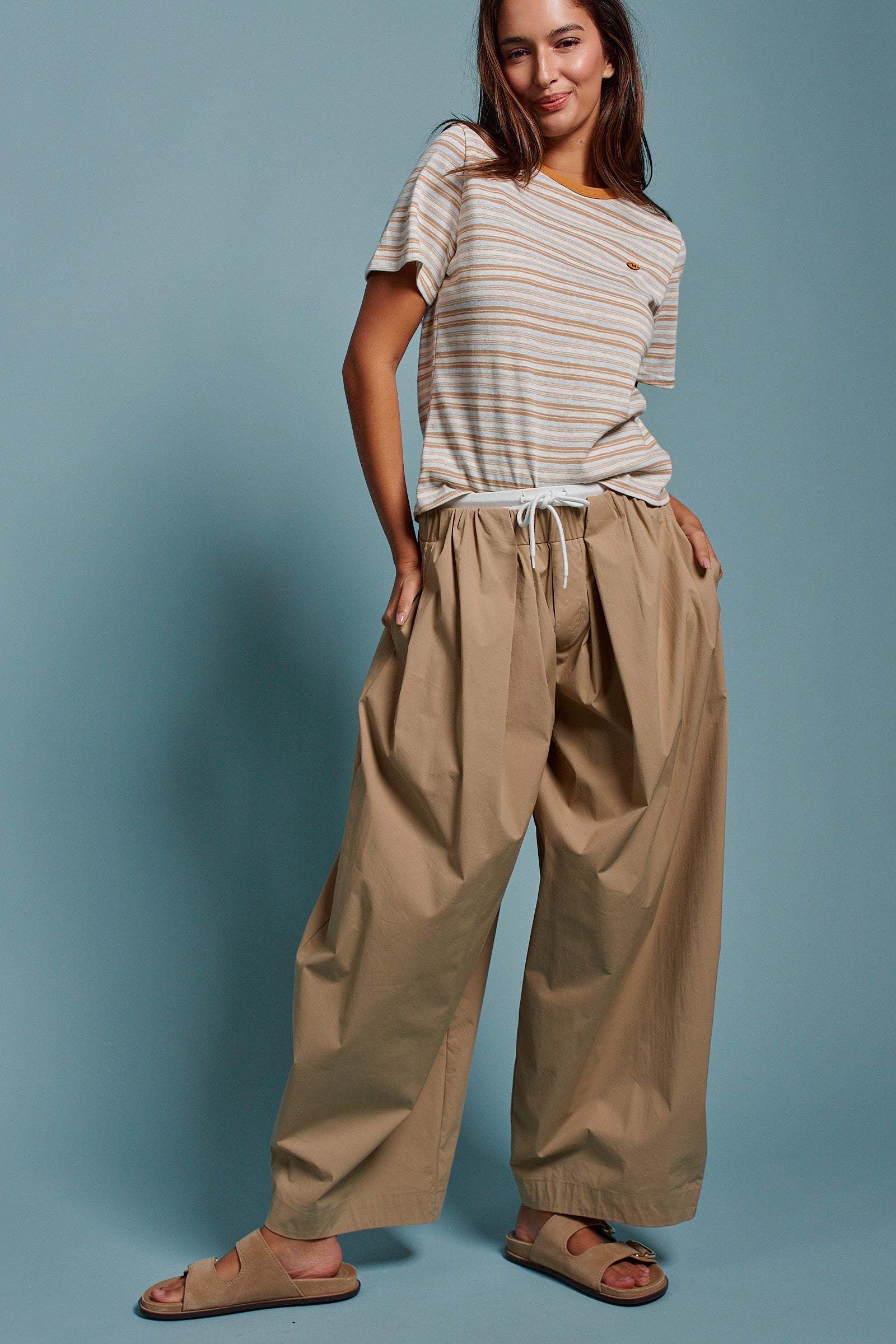 Striped Crew Neck Tee With Dachshund Logo Detail in Taupe - Women's Tops | Urban Daizy