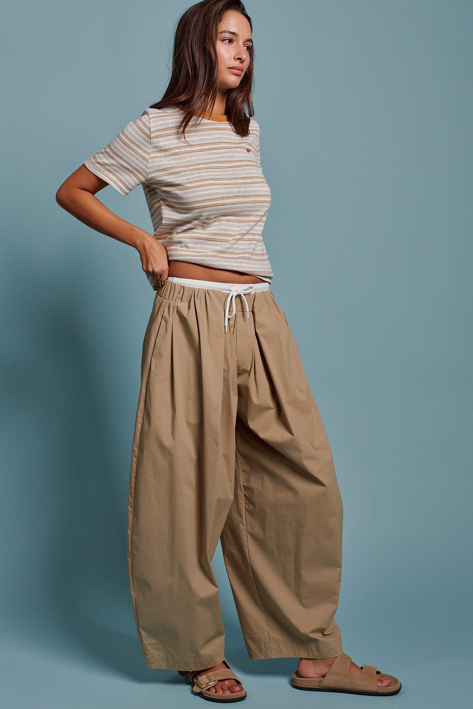 Striped Crew Neck Tee With Dachshund Logo Detail in Taupe - Women's Tops | Urban Daizy