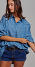 Blue Floral Cotton Button Down Oversized Shirt in Blue - Women's Tops | Urban Daizy