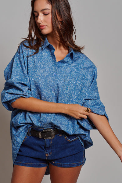 Blue Floral Cotton Button Down Oversized Shirt