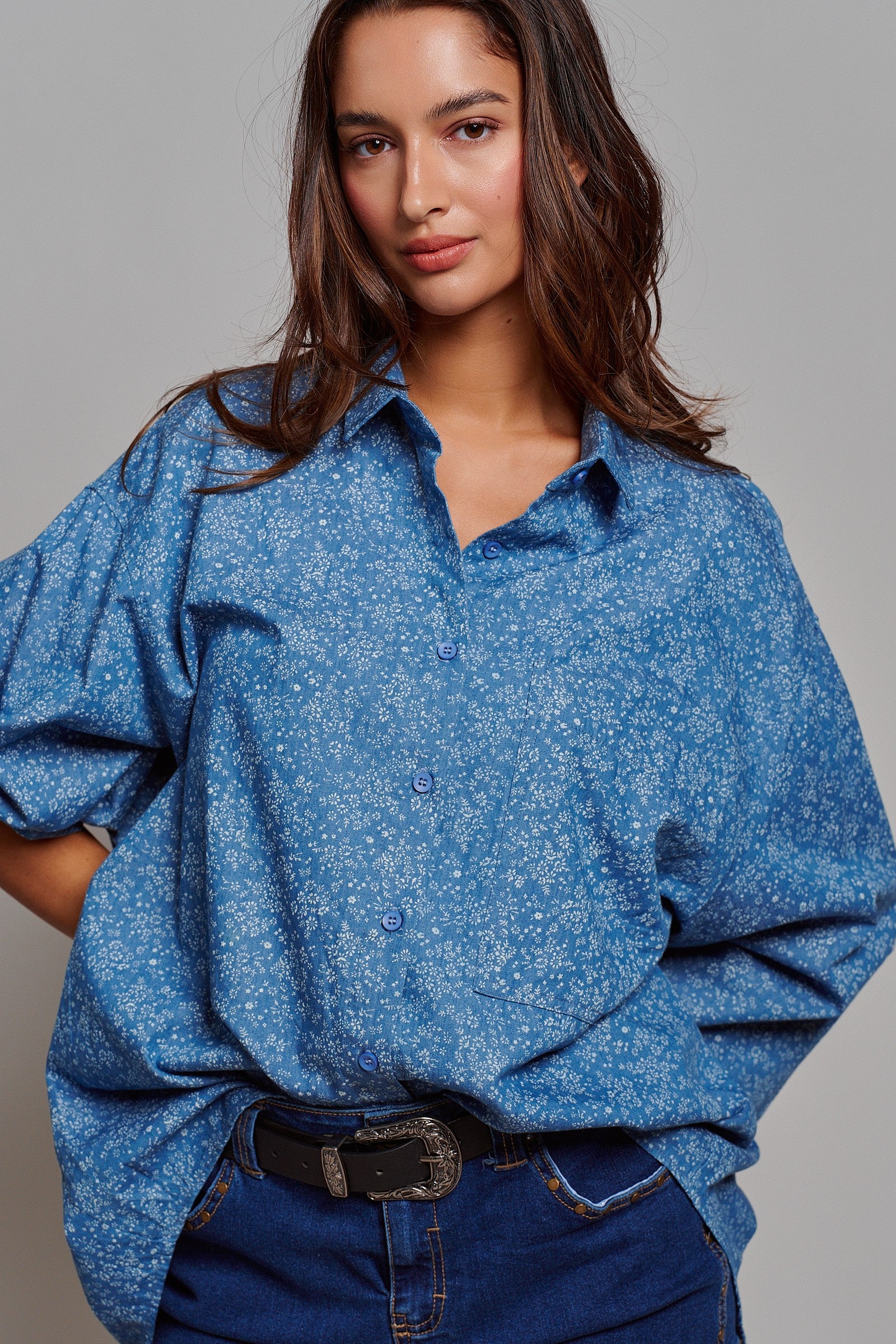 Blue Floral Cotton Button Down Oversized Shirt in Blue - Women's Tops | Urban Daizy