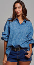 Blue Floral Cotton Button Down Oversized Shirt in Blue - Women's Tops | Urban Daizy