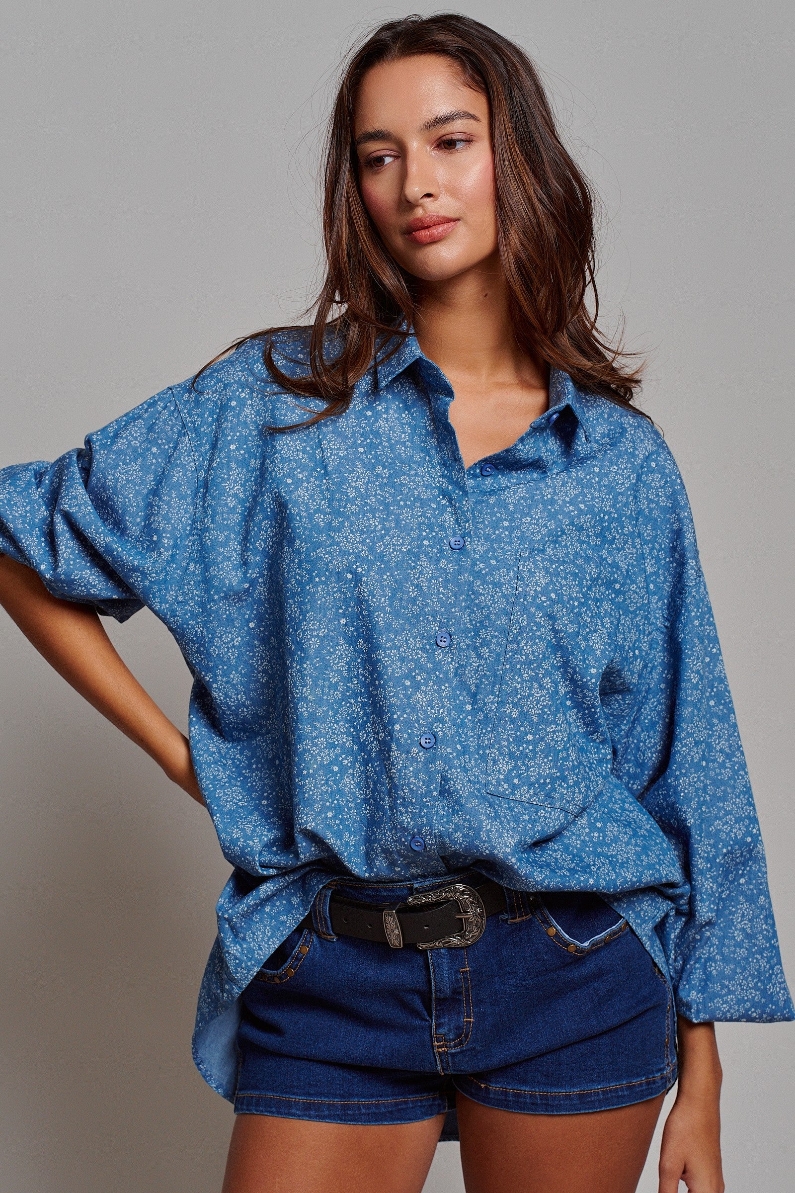 Blue Floral Cotton Button Down Oversized Shirt in Blue - Women's Tops | Urban Daizy