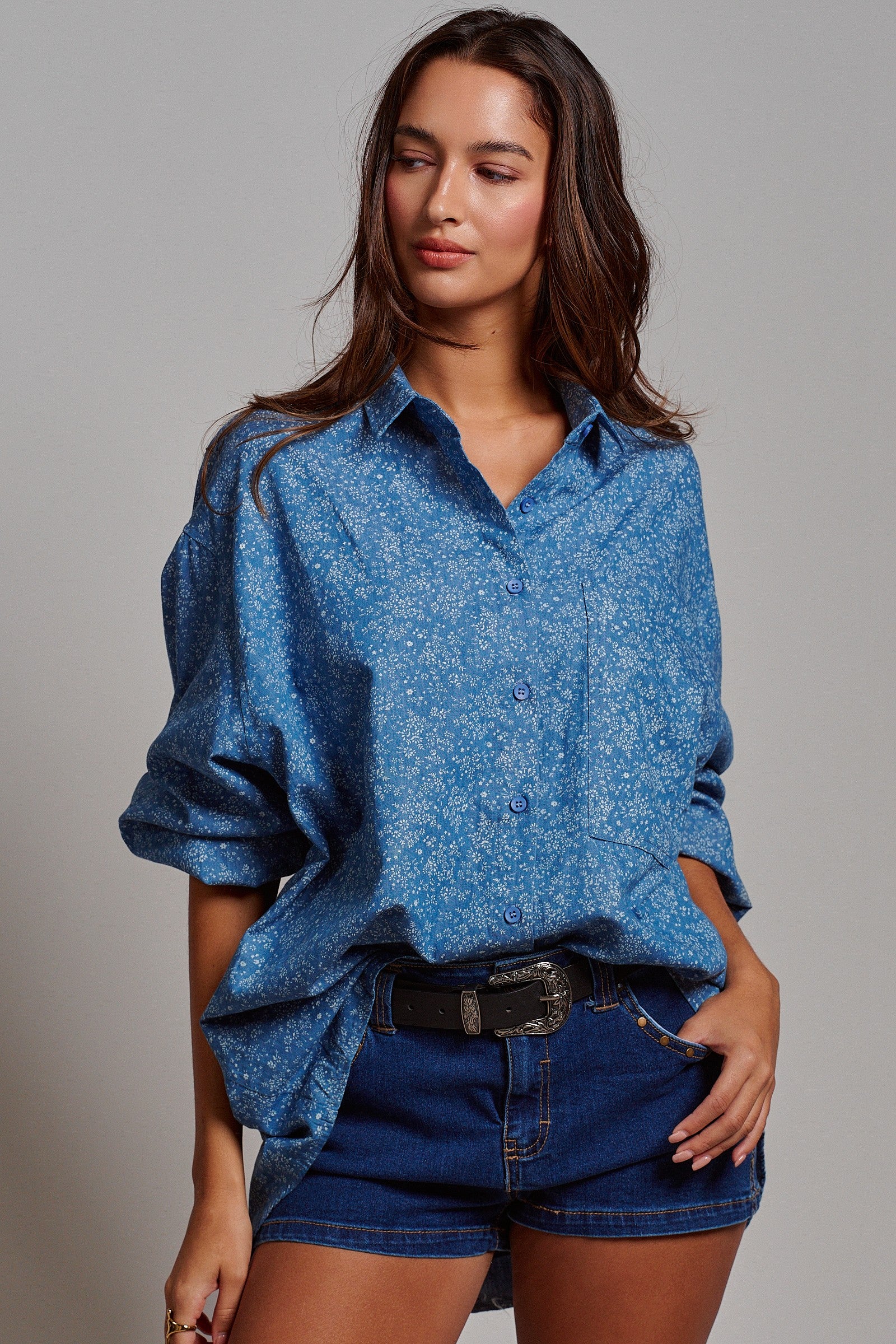 Blue Floral Cotton Button Down Oversized Shirt in Blue - Women's Tops | Urban Daizy
