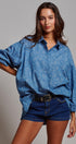 Blue Floral Cotton Button Down Oversized Shirt in Blue - Women's Tops | Urban Daizy