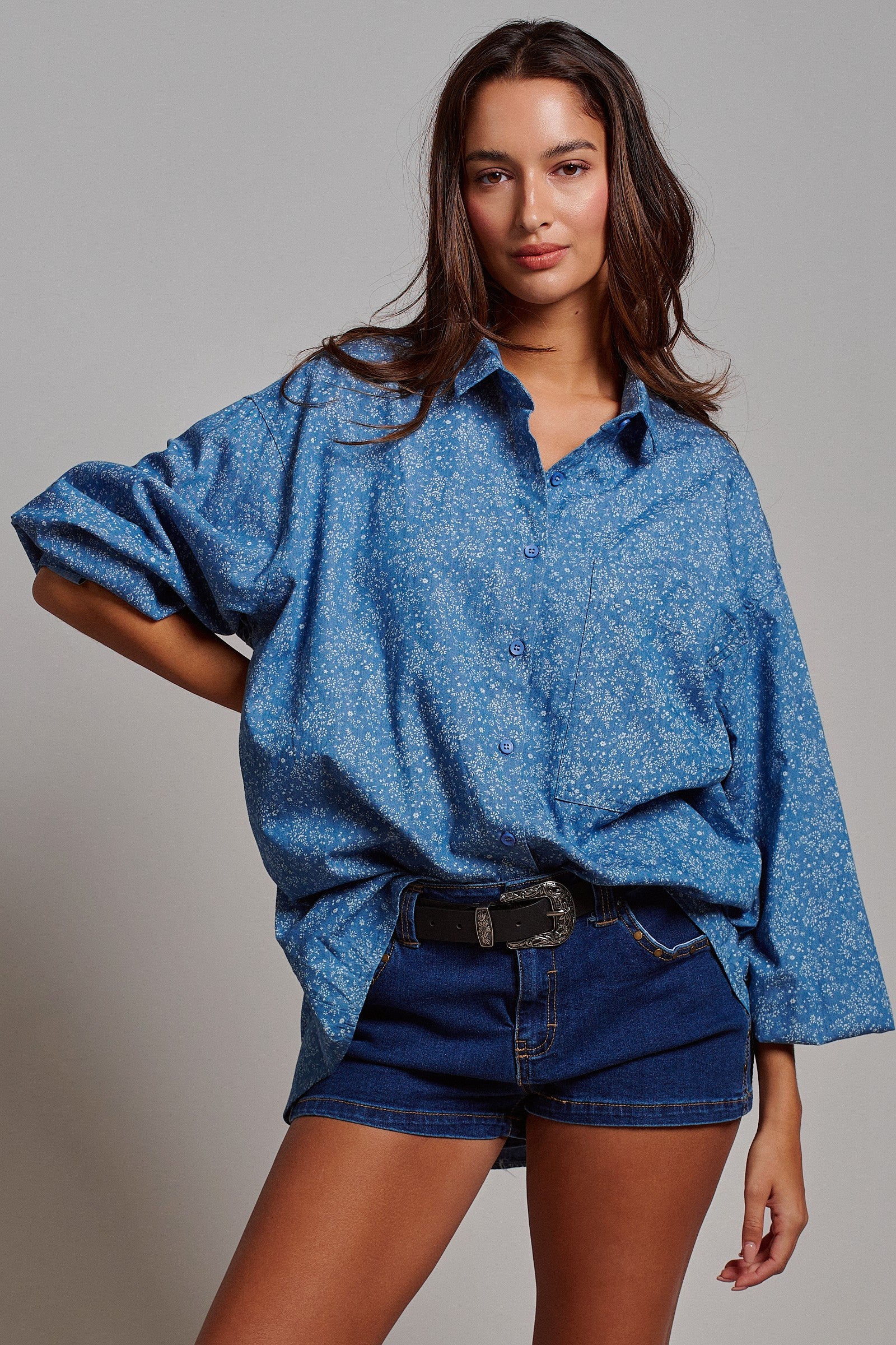 Blue Floral Cotton Button Down Oversized Shirt in Blue - Women's Tops | Urban Daizy