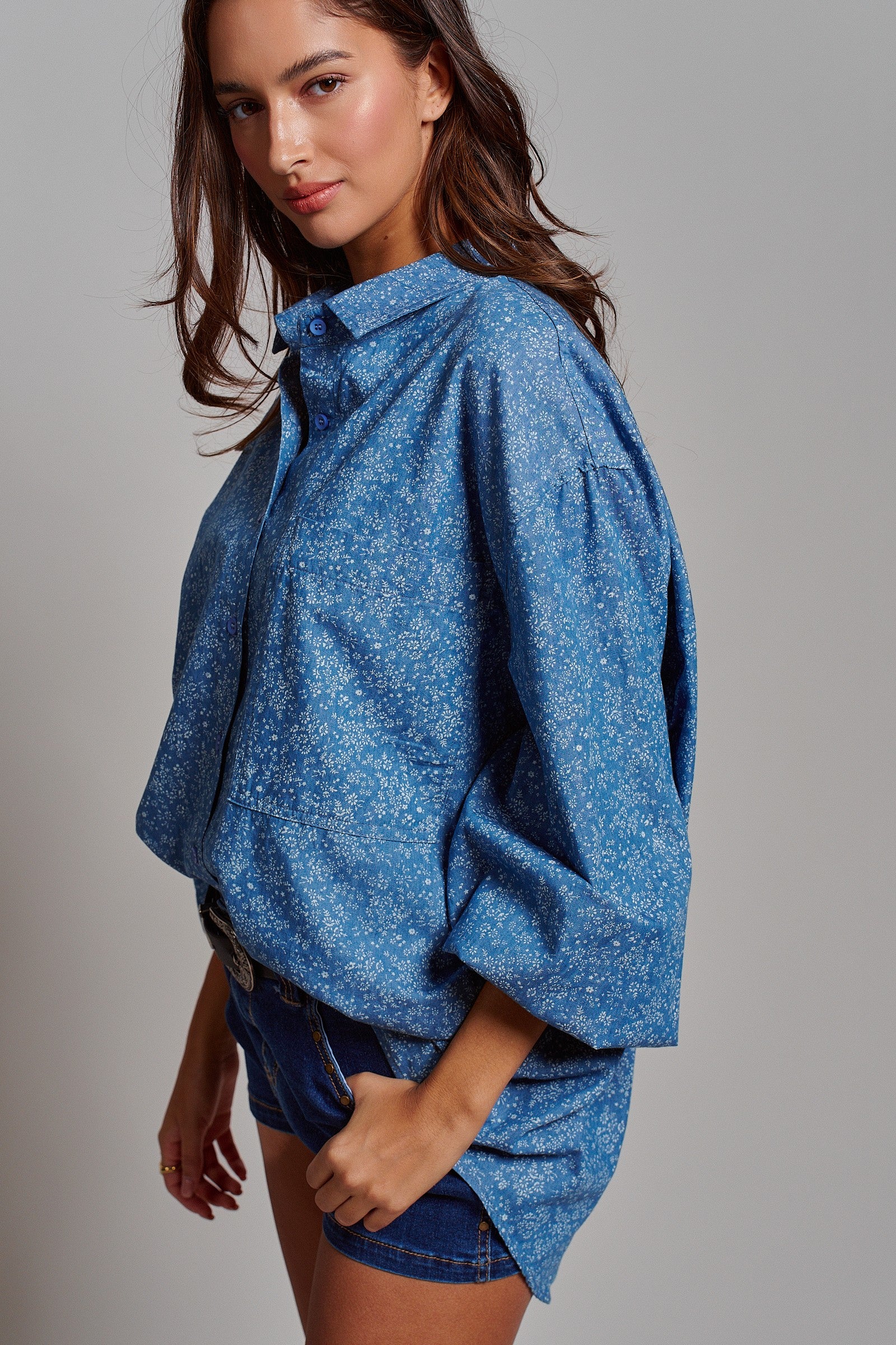 Blue Floral Cotton Button Down Oversized Shirt in Blue - Women's Tops | Urban Daizy