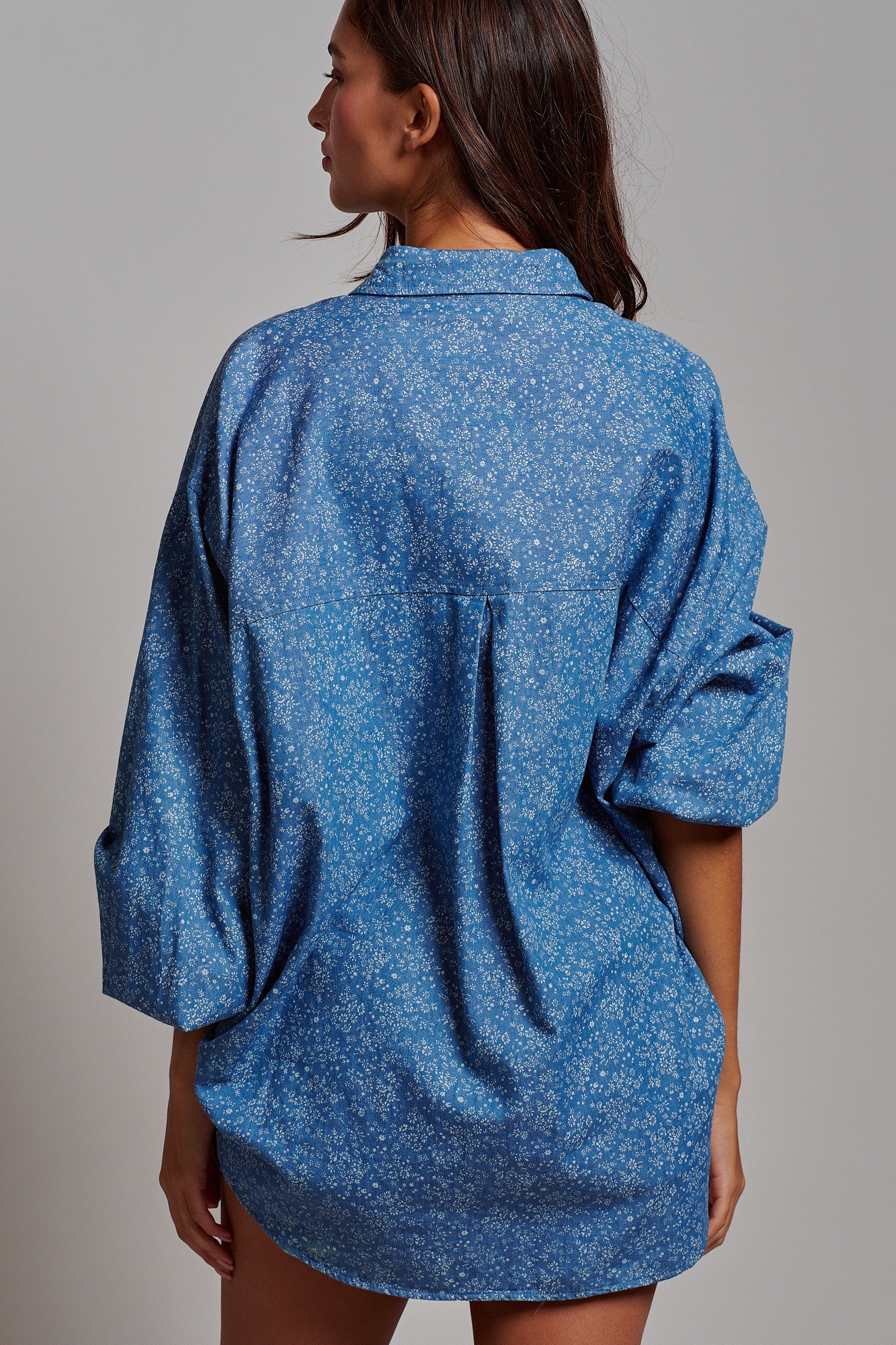 Blue Floral Cotton Button Down Oversized Shirt in Blue - Women's Tops | Urban Daizy
