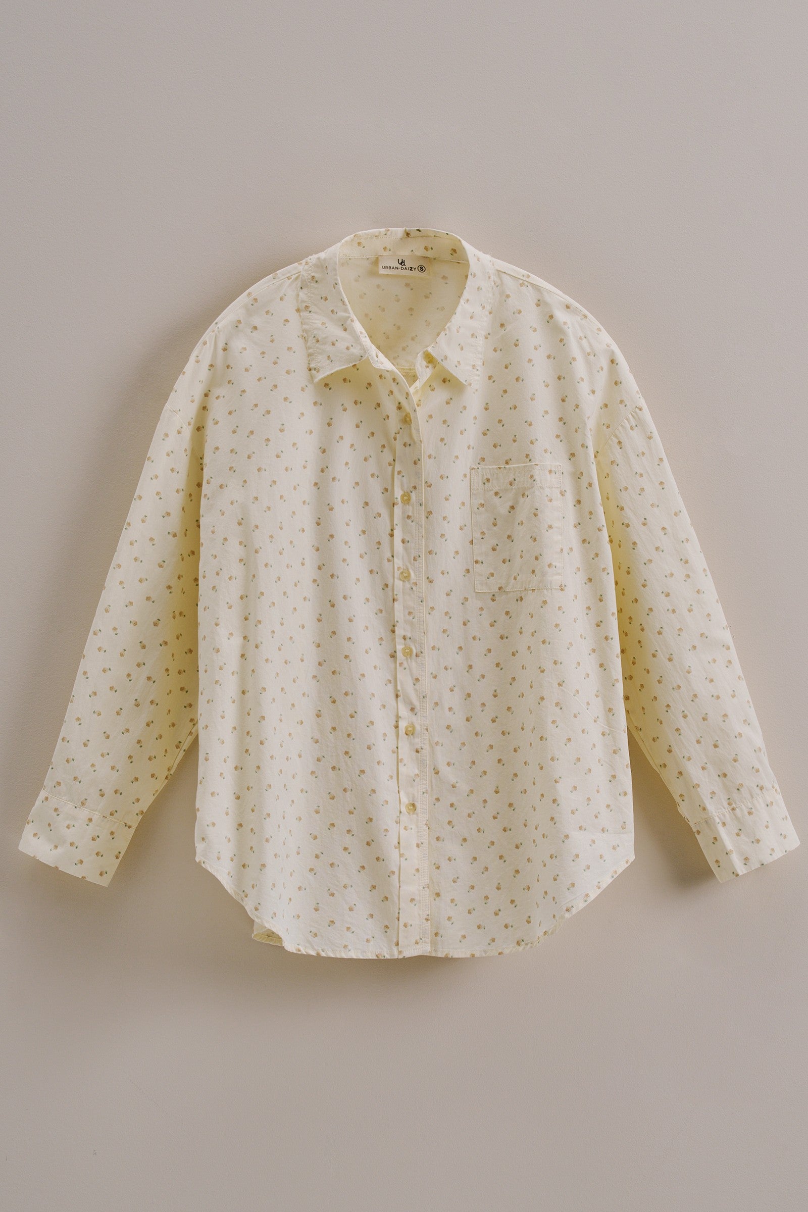 Cotton Floral Button Down Shirt With Chest Pocket in Cream - Women's Tops | Urban Daizy