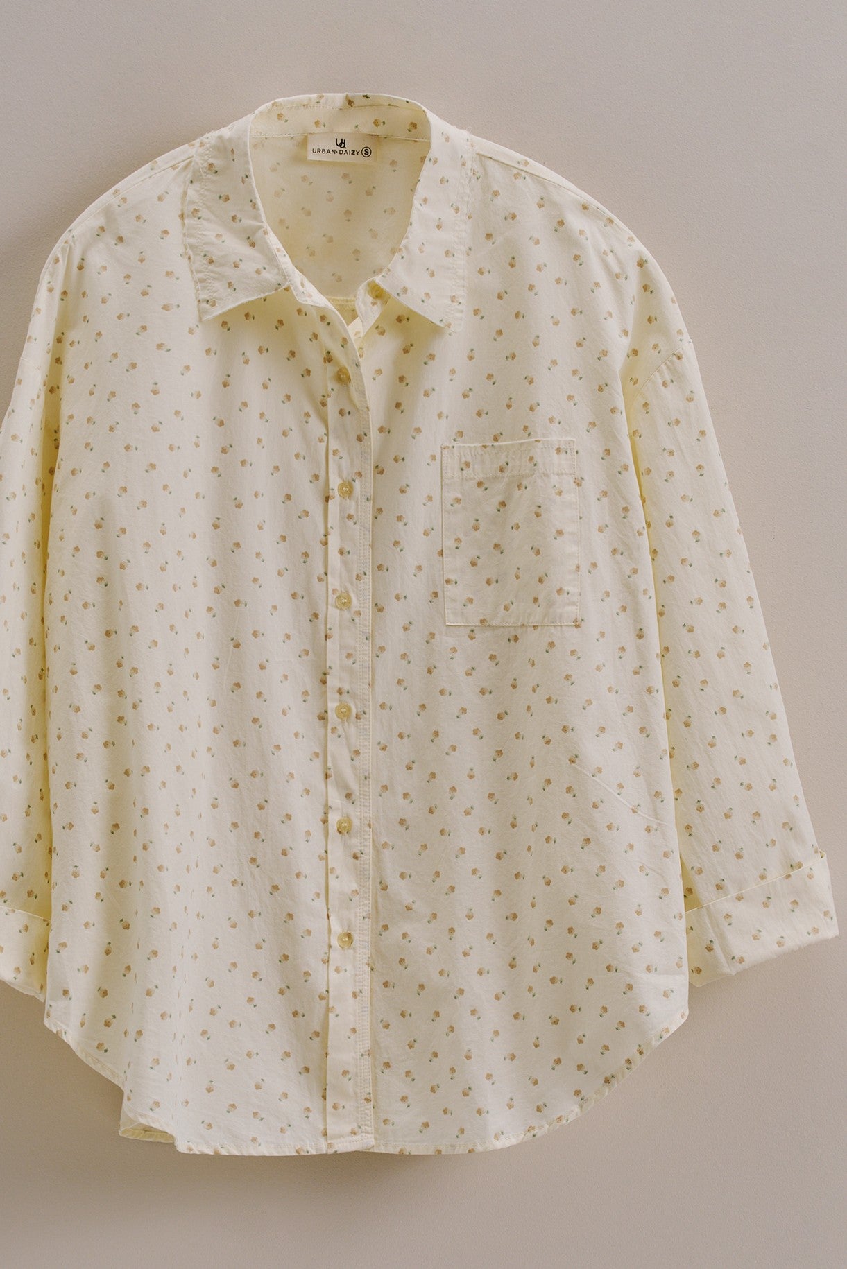 Cotton Floral Button Down Shirt With Chest Pocket in Cream - Women's Tops | Urban Daizy