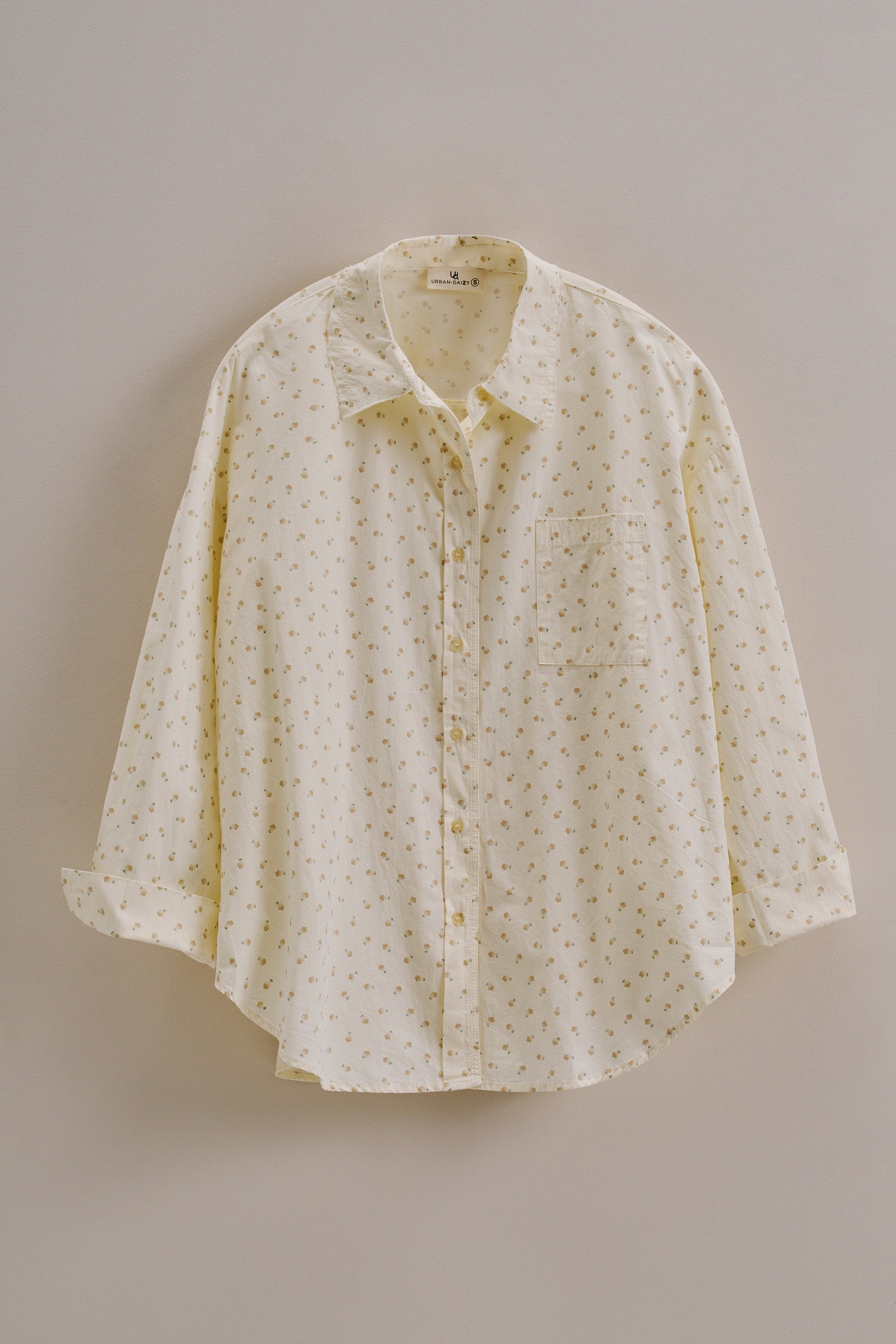 Cotton Floral Button Down Shirt With Chest Pocket in Cream - Women's Tops | Urban Daizy