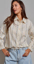 Floral Stripe Cotton Button Down Blouse with Gathered Sleeves in Cream - Women's Tops | Urban Daizy