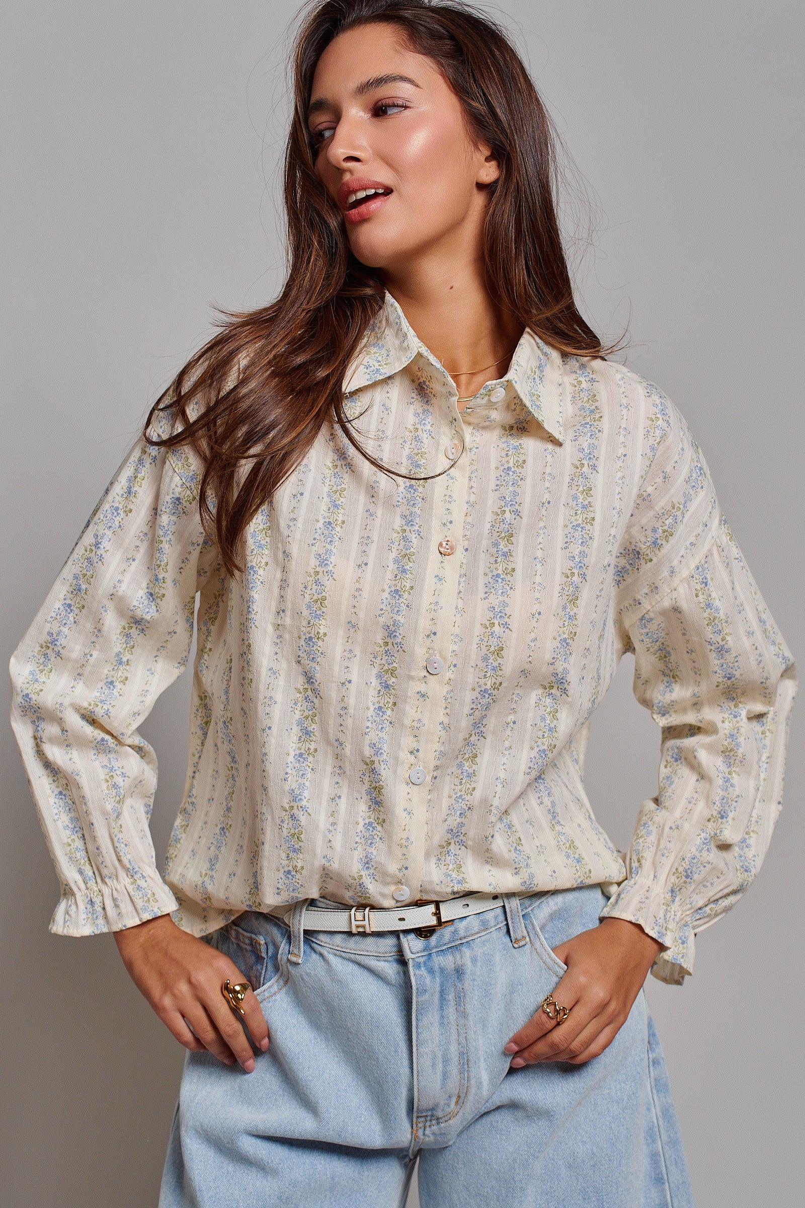 Floral Stripe Cotton Button Down Blouse with Gathered Sleeves in Cream - Women's Tops | Urban Daizy