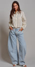 Floral Stripe Cotton Button Down Blouse with Gathered Sleeves in Cream - Women's Tops | Urban Daizy