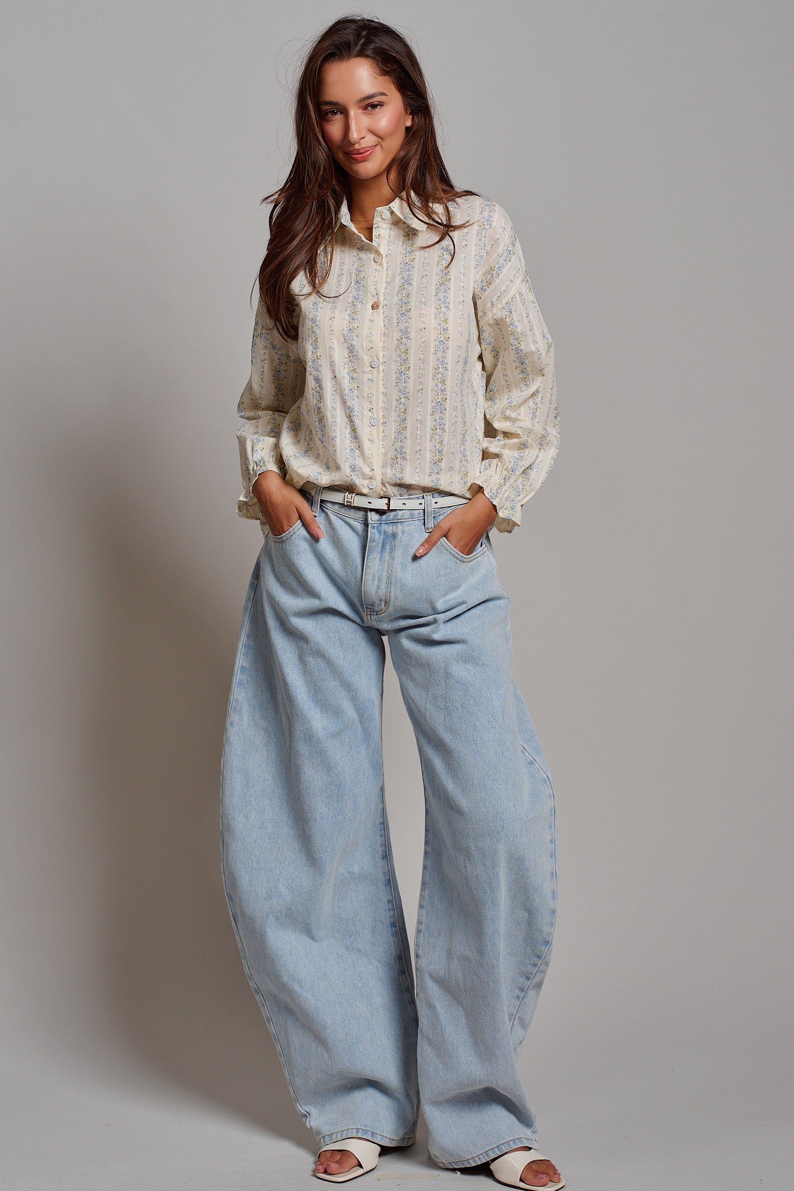 Floral Stripe Cotton Button Down Blouse with Gathered Sleeves in Cream - Women's Tops | Urban Daizy