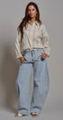 Floral Stripe Cotton Button Down Blouse with Gathered Sleeves in Cream - Women's Tops | Urban Daizy