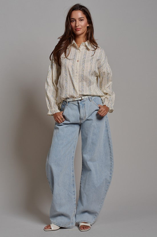 Floral Stripe Cotton Button Down Blouse with Gathered Sleeves in Cream - Women's Tops | Urban Daizy