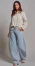 Floral Stripe Cotton Button Down Blouse with Gathered Sleeves in Cream - Women's Tops | Urban Daizy