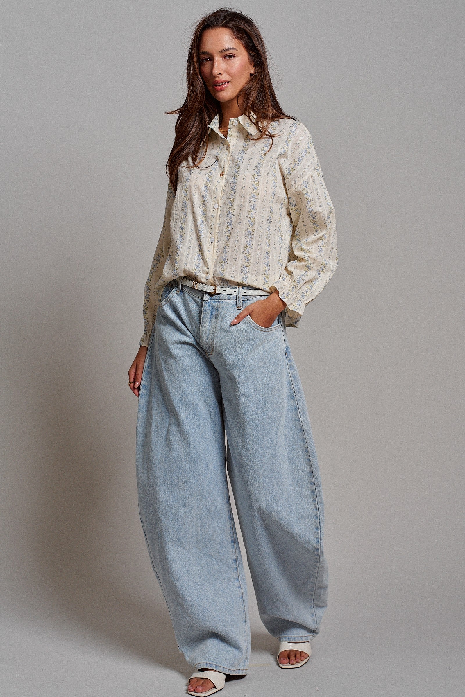 Floral Stripe Cotton Button Down Blouse with Gathered Sleeves in Cream - Women's Tops | Urban Daizy